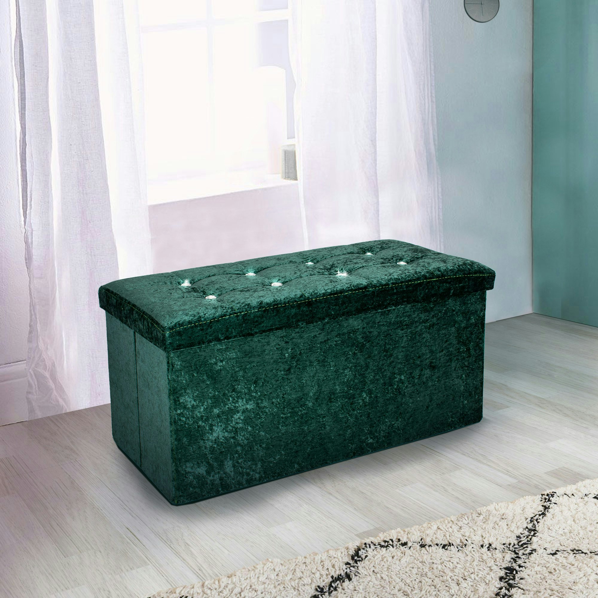 Rackhams Green Crushed Velvet Storage Ottoman - 76Cm X 38Cm Foldable