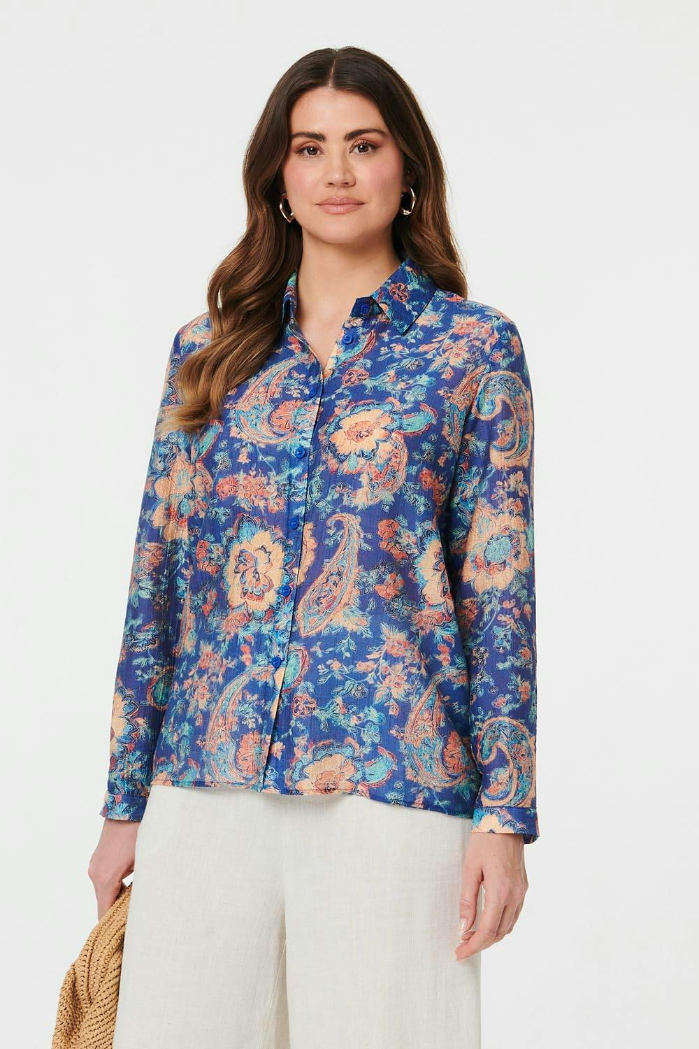 Izabel London Paisley Long Sleeve Button Front Shirt - 18 - Navy