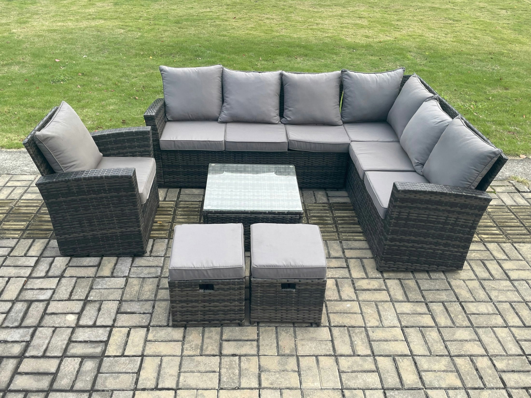 Rackhams Dark/Grey 9 Seater Wicker Pe Outdoor Garden Furniture Set High Back Rattan Corner Sofa Chair Set With 2 Small Footstools Square Coffee Table