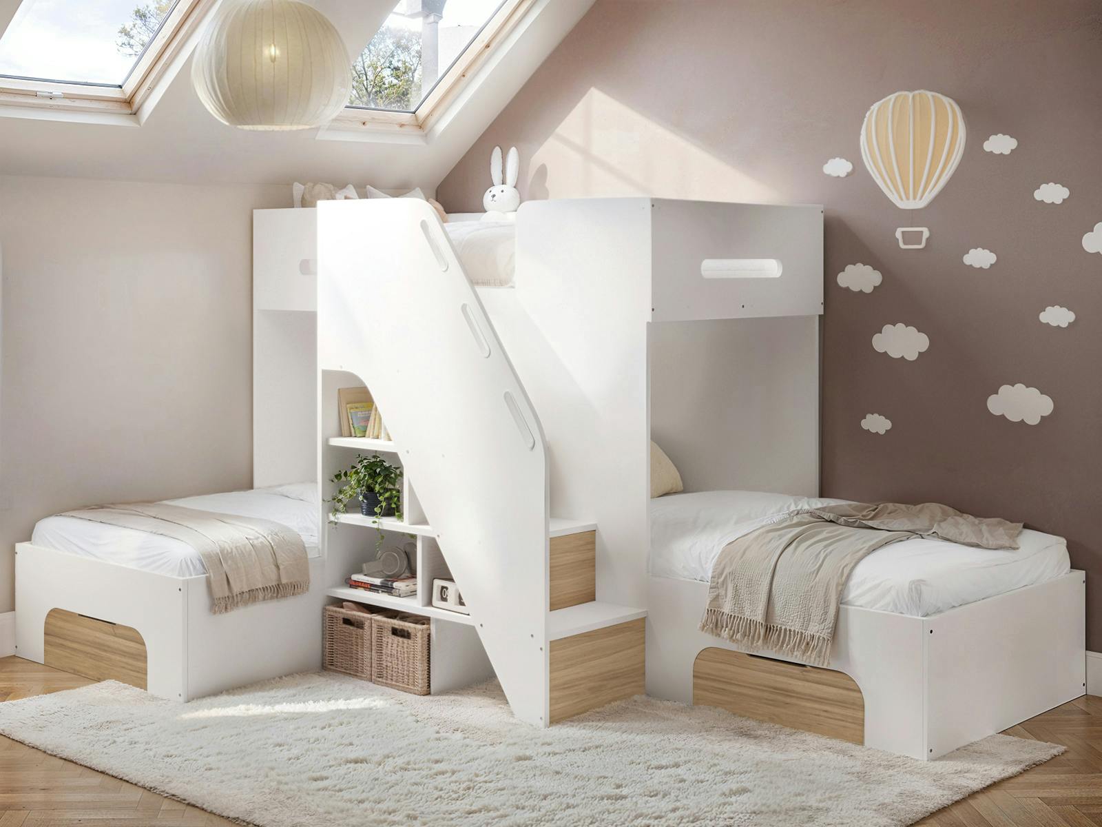 Flair White Mason Staircase Triple Sleeper With Storage - & Oak