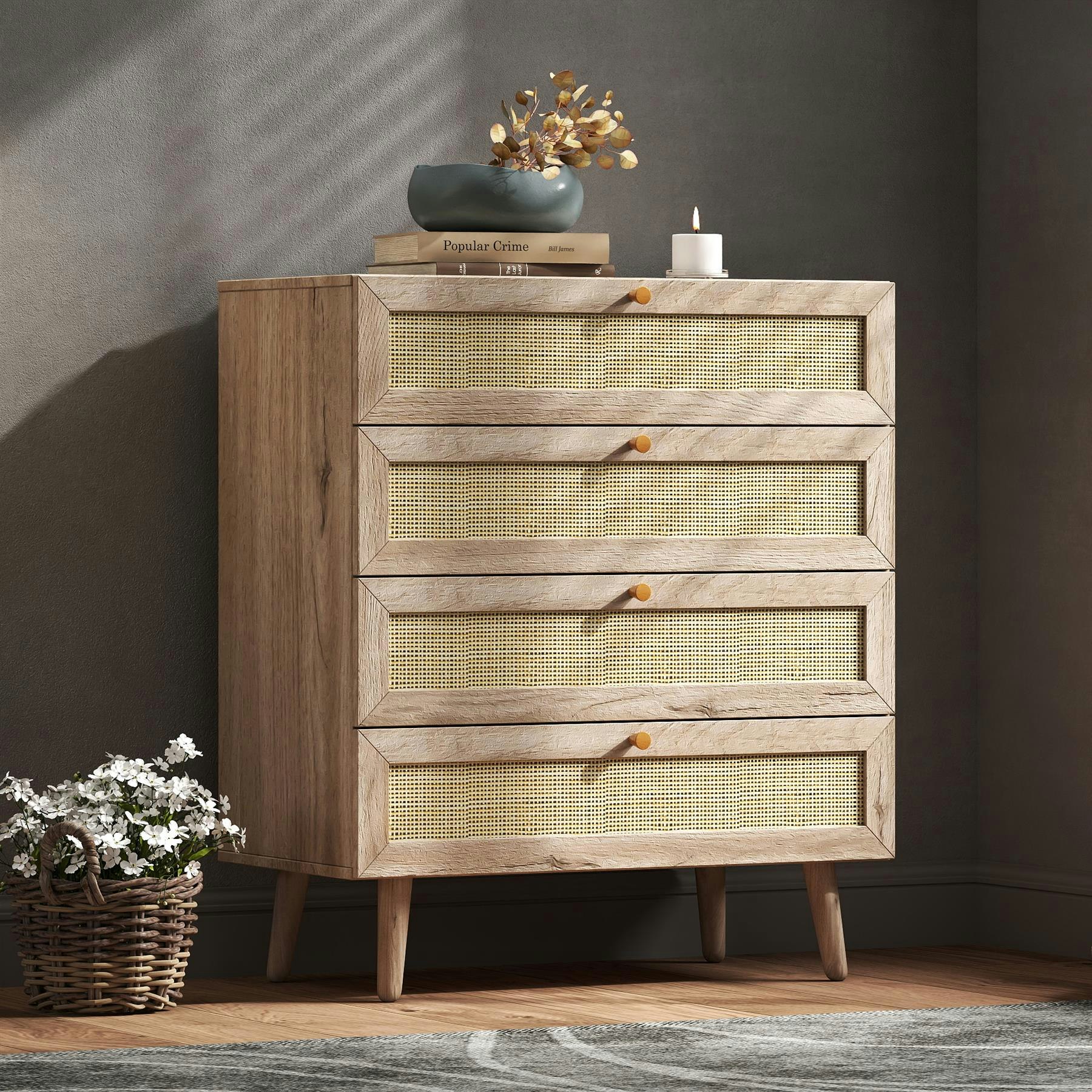 B&Q - Willow Oak & Real Rattan Chest Of 4 Drawers Bedroom Storage Furniture - Image 2