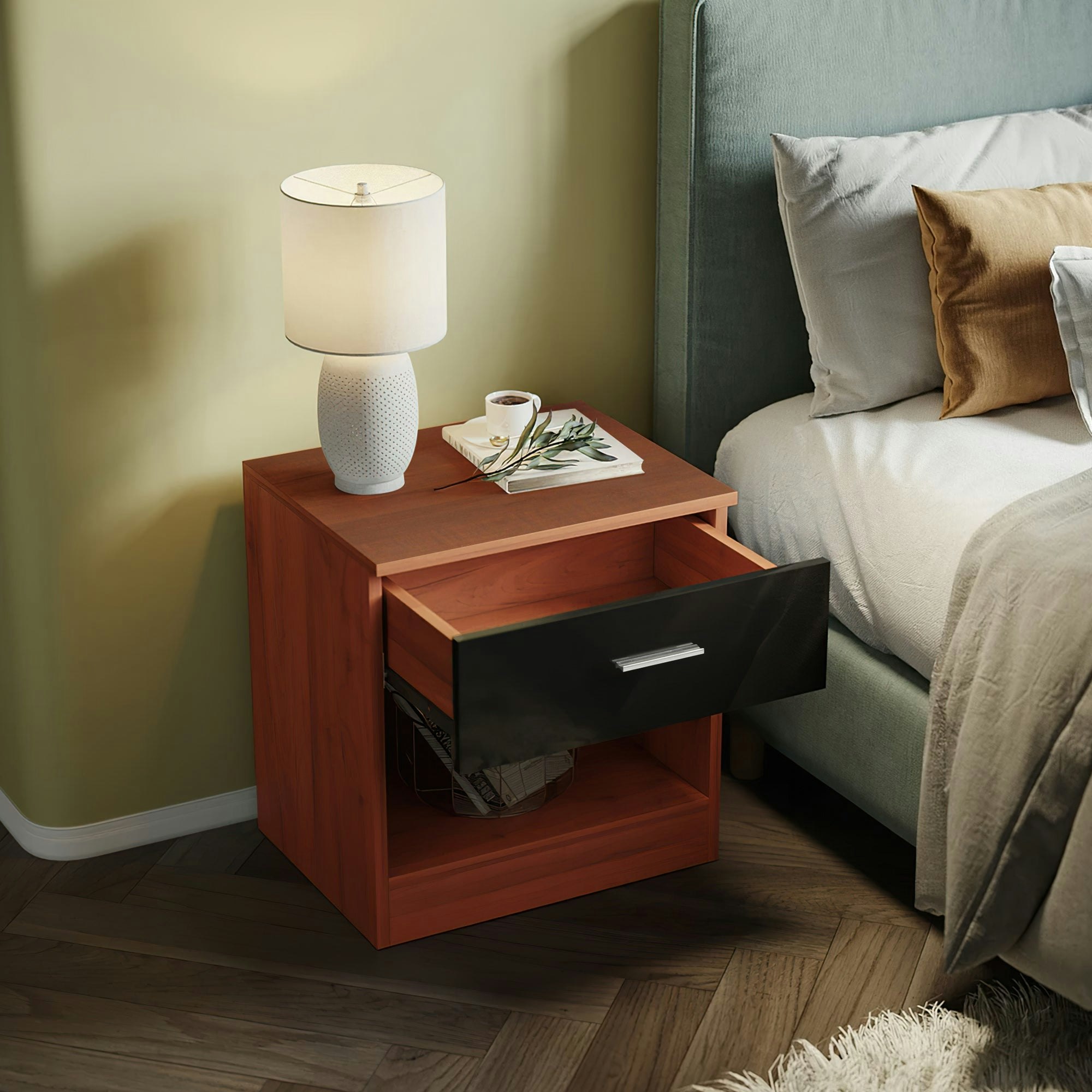 Comfy Living Black High Gloss Bedroom Furniture 3 Piece Trio Set Wardrobe Chest Bedside - Walnut/ Gloss - Bedside Table