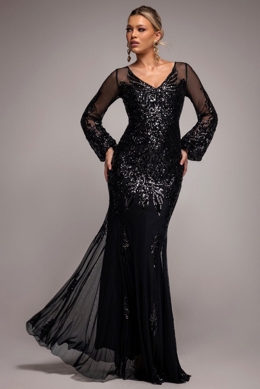 Goddiva Black Embellished Sequin Bishop Sleeve Maxi Dress - By - 8