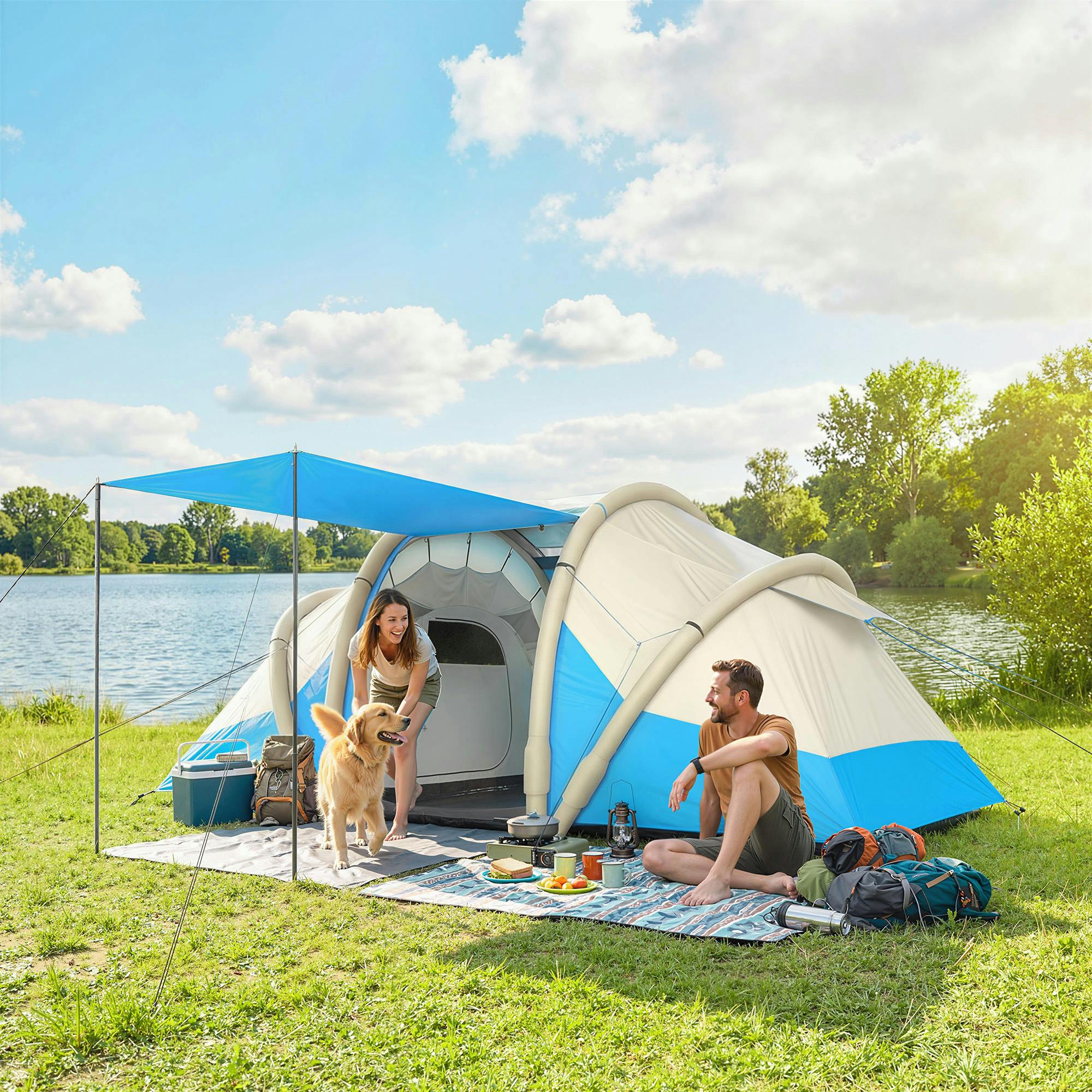 Outsunny Blue Inflatable Tent 3000Mm Waterproof For 2-4 Person