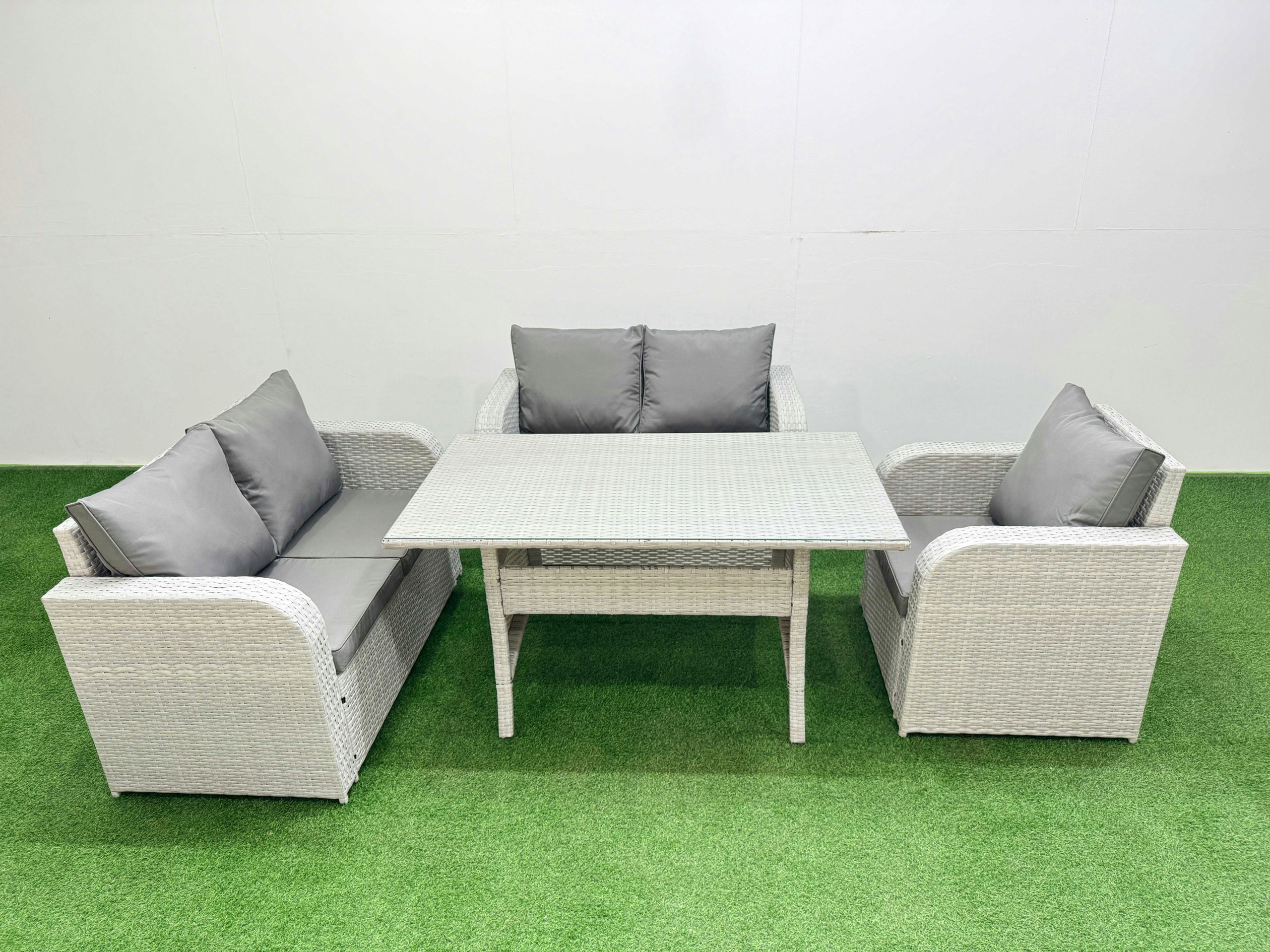 Rackhams Light/Grey High Back Poly Rattan Garden Furniture Set With Reclining Chair Loveseat Sofa Rectangular Dining Table Indoor Outdoor Patio Set