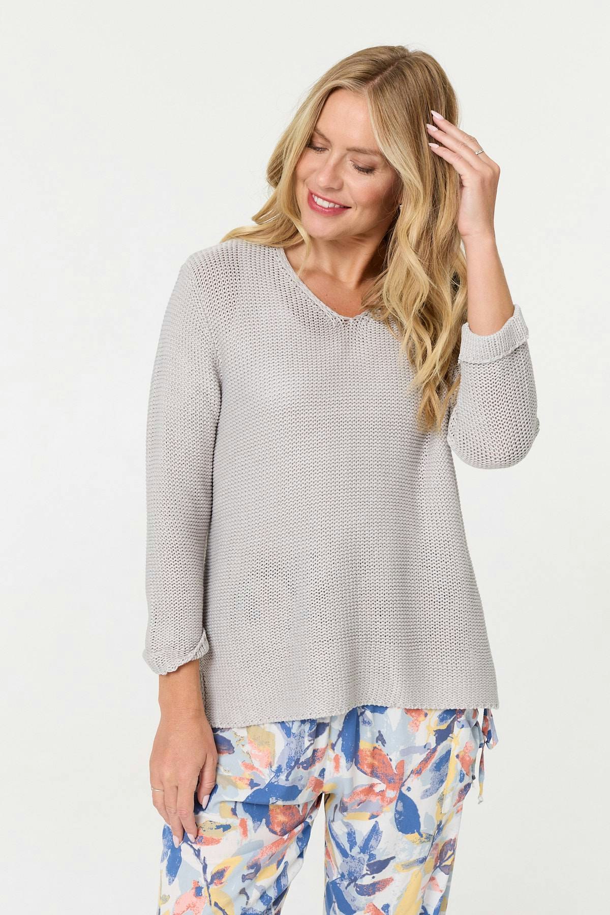 Izabel London Silver Mesh Texture 3/4 Sleeve Relaxed Top - 8/10