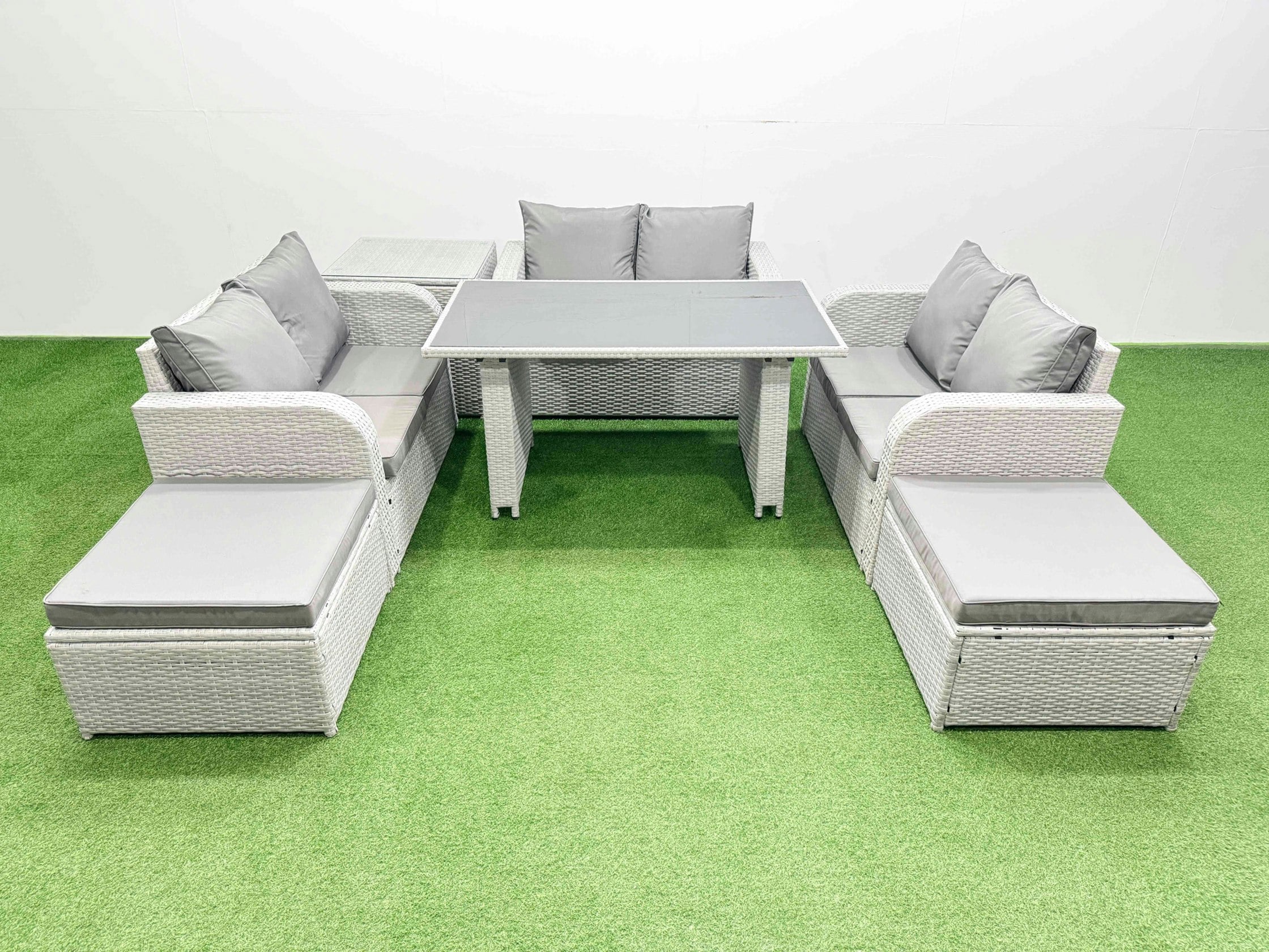 Fimous Black/Light/Grey 8 Seater Patio Garden Furniture Sets With Glass Top Dining Table Love Sofa Side Table 2 Big Stool