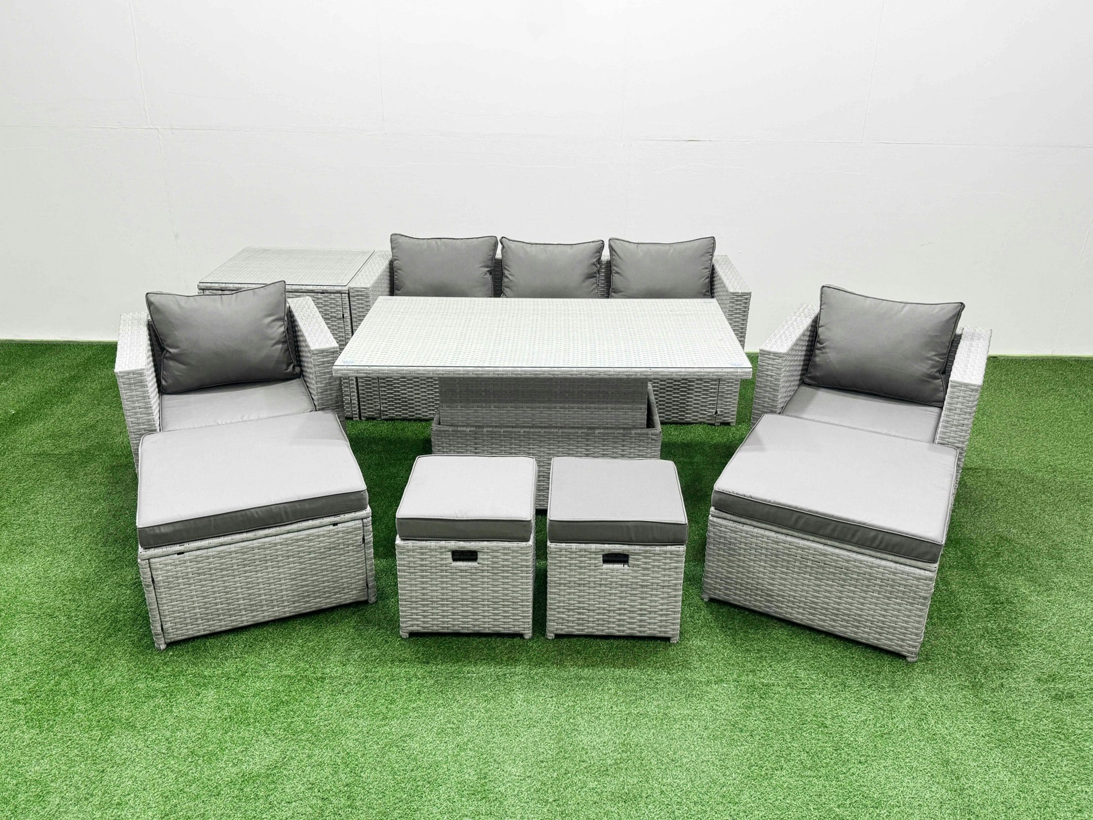 Fimous Light/Grey 9 Pcs Rising Dining Table Set Rattan Furniture Set With 3 Seater Sofa Chair 2 Big Footstools 2 Small Footstools Side Table