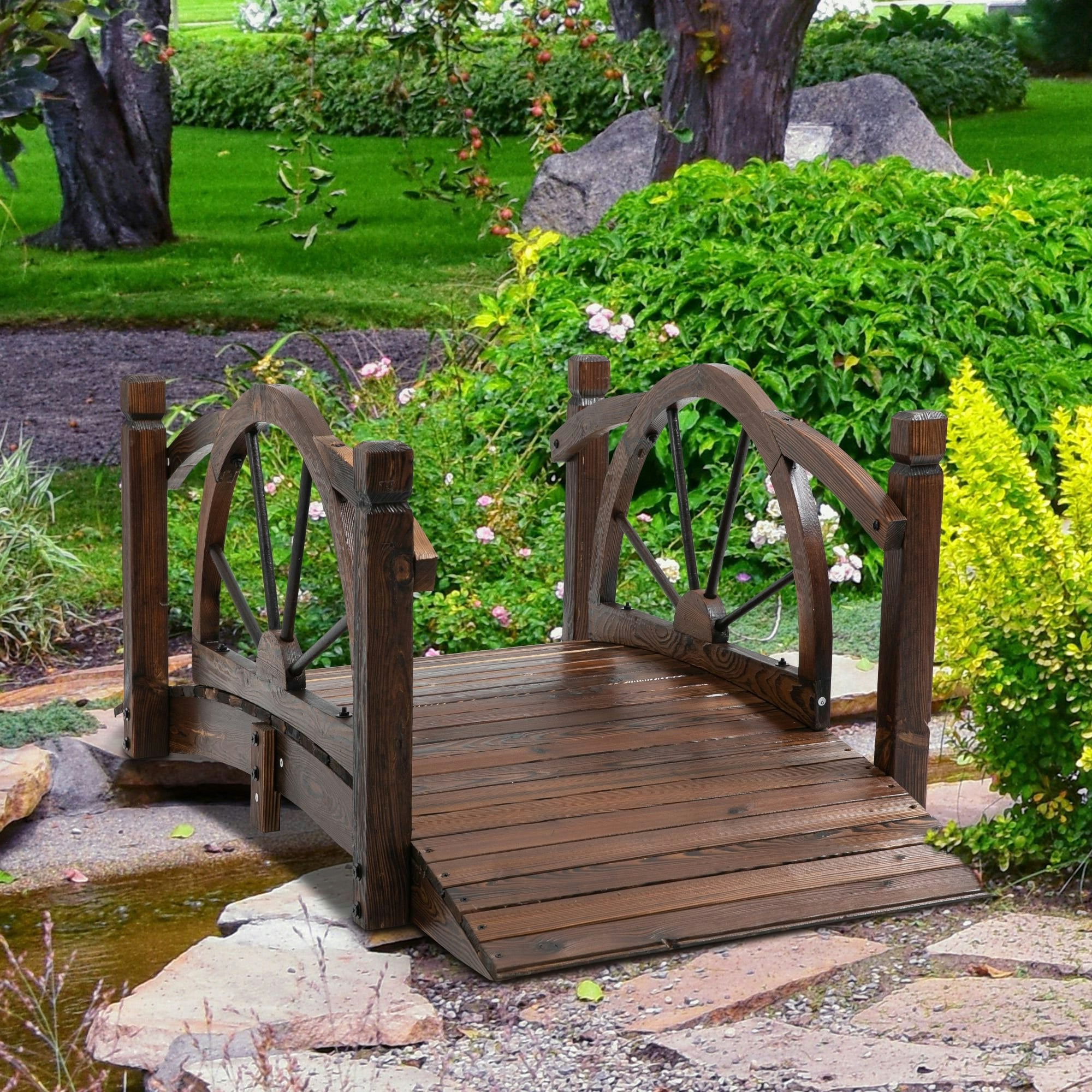 Rackhams Wooden Garden Bridge Decorative Arc Footbridge With Safety Guardrail Outdoor Lawn Pond Bridge Walkway 1.5M - Fir Wood - 152Cm X 68Cm X 52.5Cm