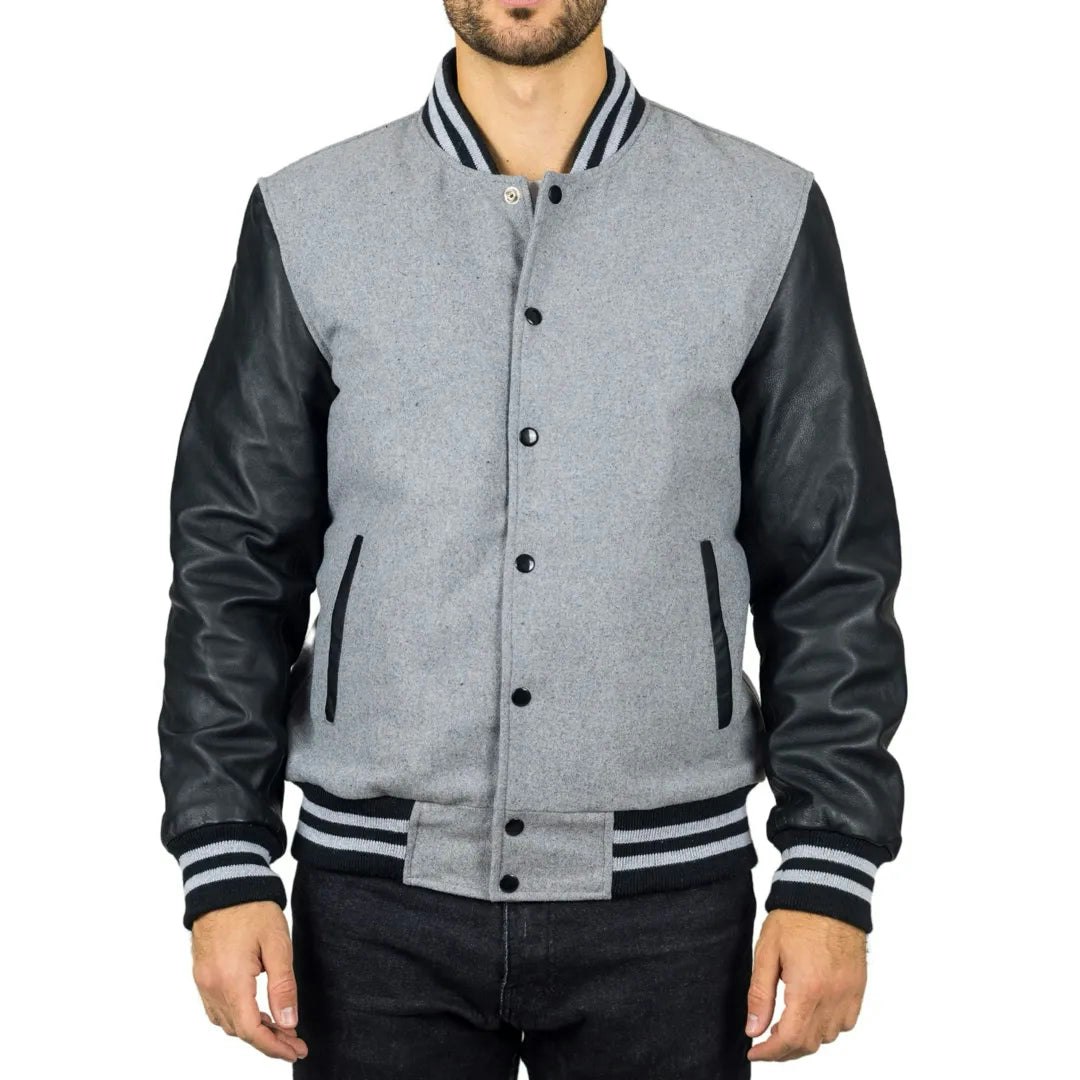 Infinity Leather Men's Grey/Black Leather Company Varsity Bomber Jacket - 5XL