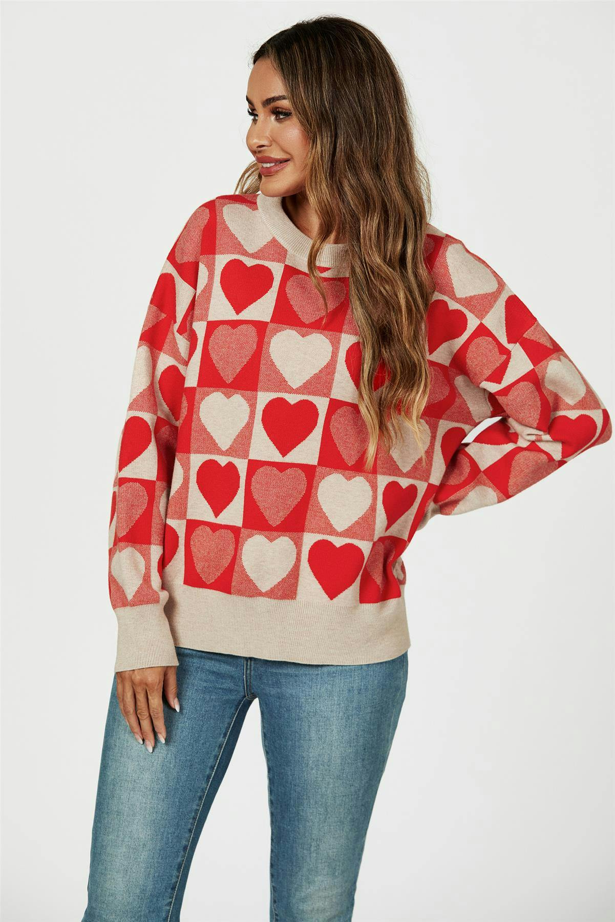 Fs Collection Red Heart Pattern Knitted Jumper In - Onesize
