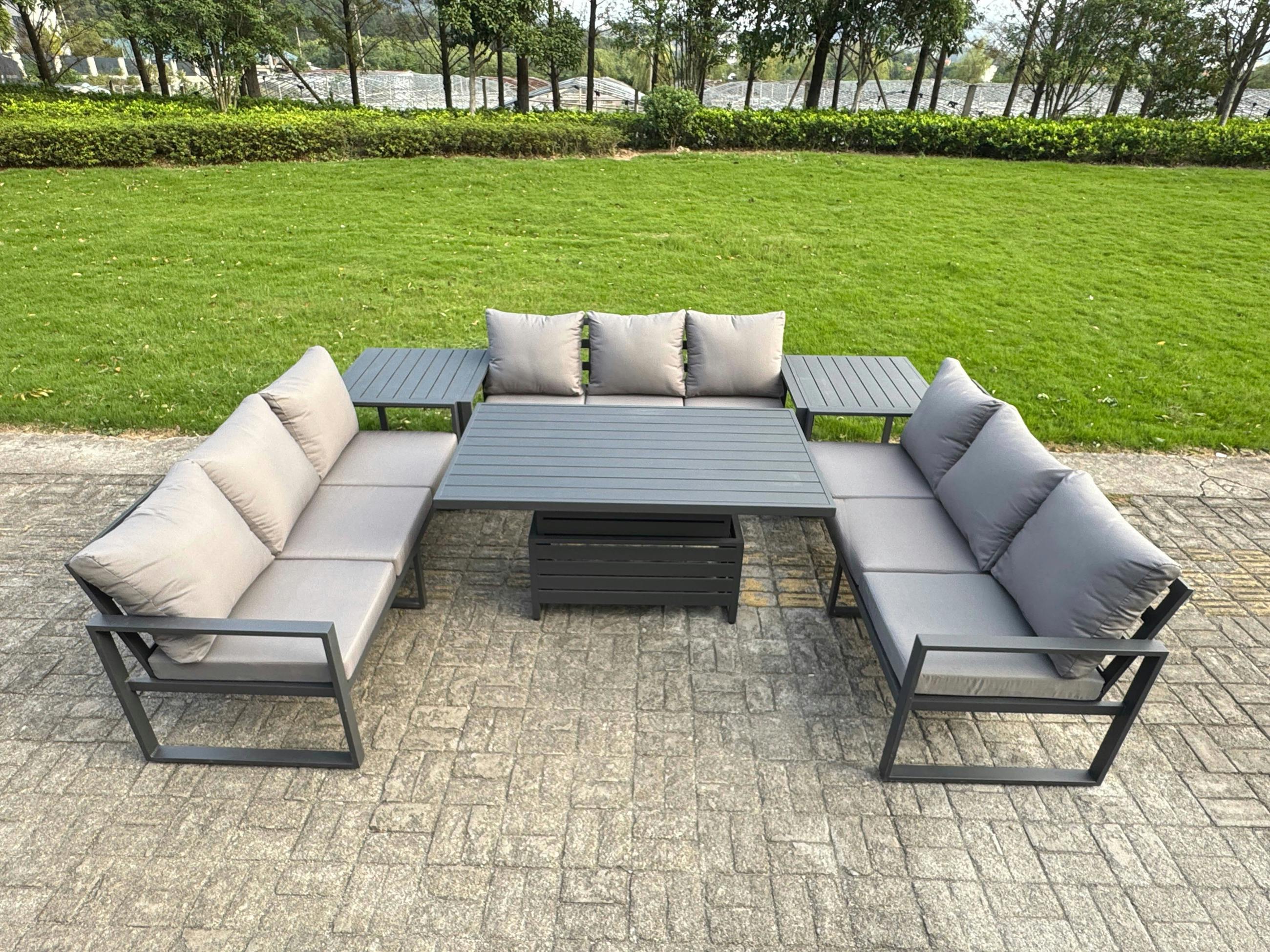 Rackhams Dark/Grey 9 Seater Aluminium Garden Furniture Set With Adjustable Rising Dining Table, 2 Side Tables