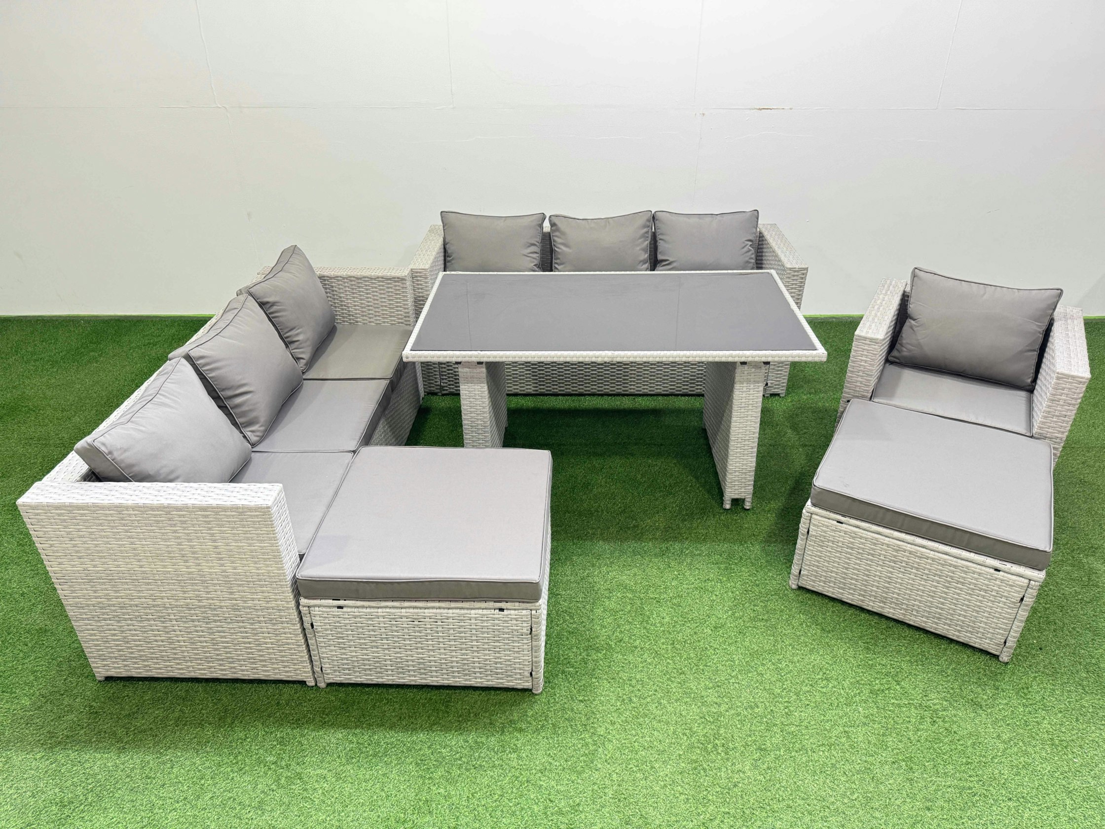 Fimous Black/Light/Grey Patio Garden Furniture Sets With Glass Top Dining Table 3 Seater Sofa Armchair 2 Big Stool