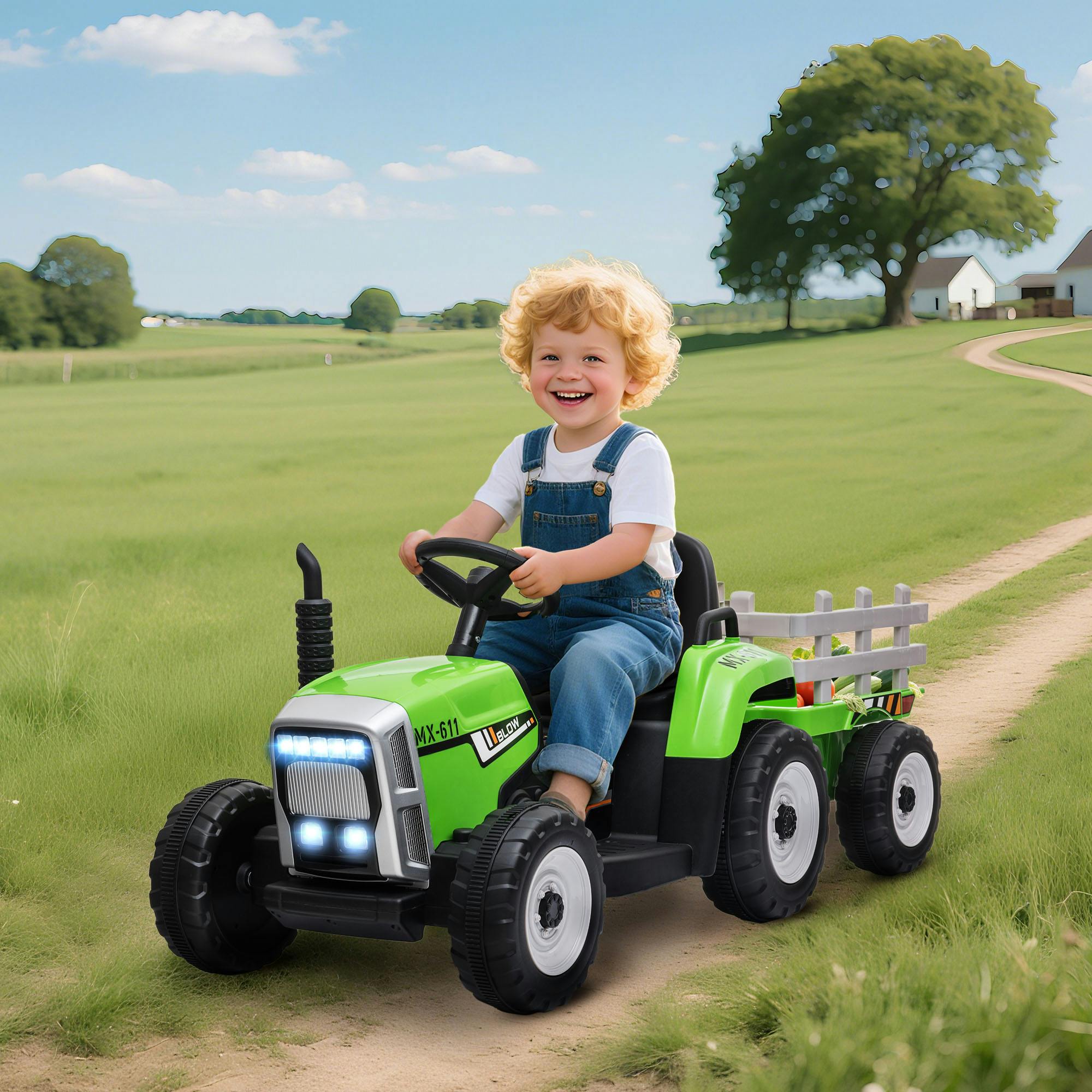 Kids Ride On Tractor with Trailer Remote Control Music Green Electric Car 12V - Image 4