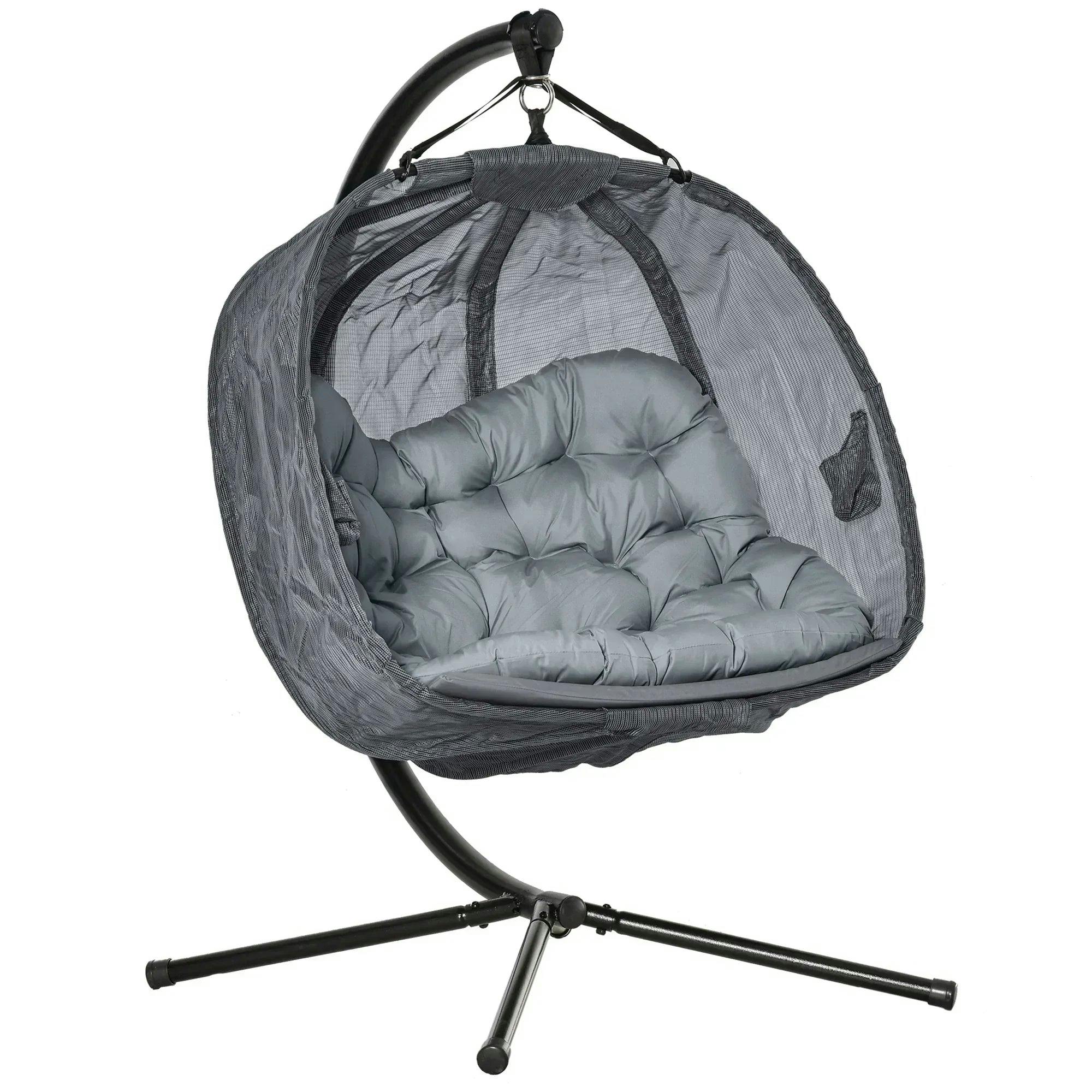 Rackhams Grey Double Hanging Egg Chair 2 Seaters Texteline Swing Hammock Chair With Stand, Cushion And Folding Design, For Indoor And Outdoor,