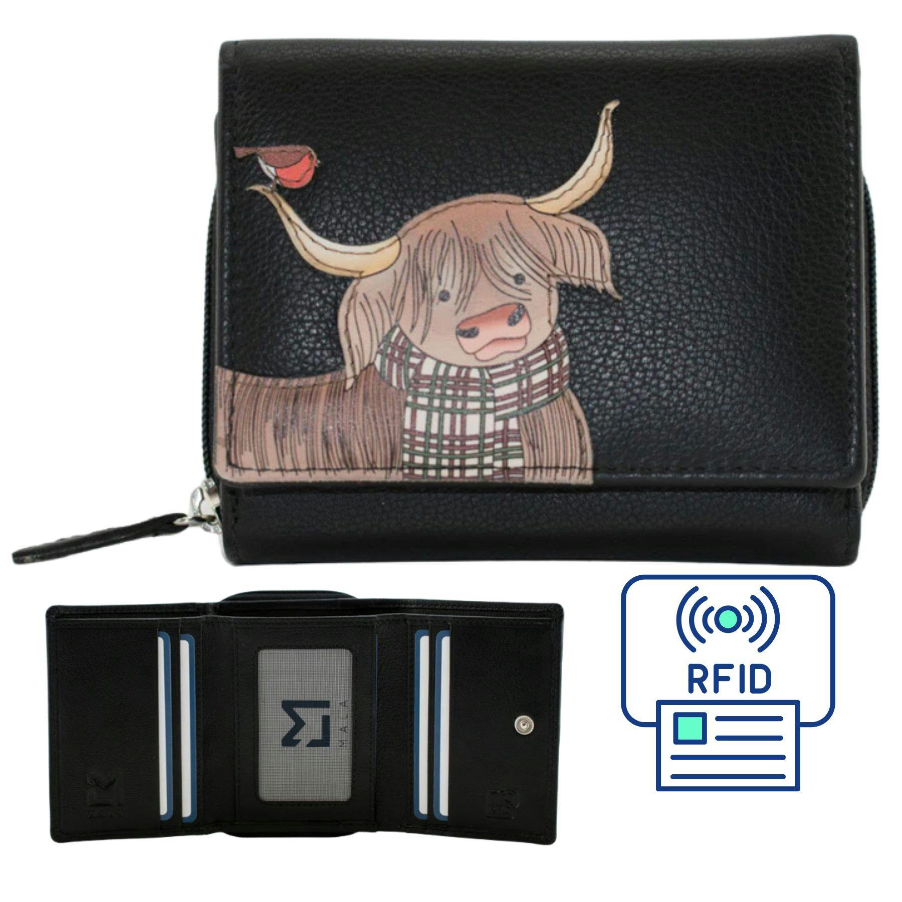 Mala Leather Black Callum The Highland Cow Tri Fold Purse - One Size - Leather
