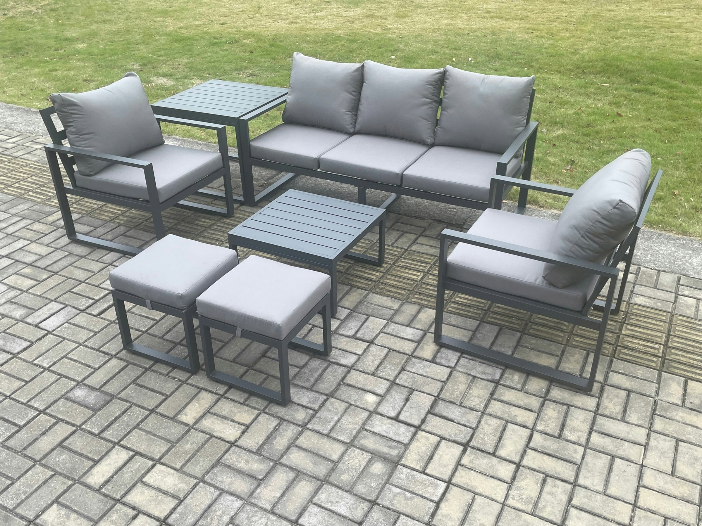 Rackhams Dark/Grey Aluminium 7 Seater Outdoor Lounge Sofa Set Garden Furniture Sets With Square Coffee Table 2 Chairs 2 Small Footstools Side Table