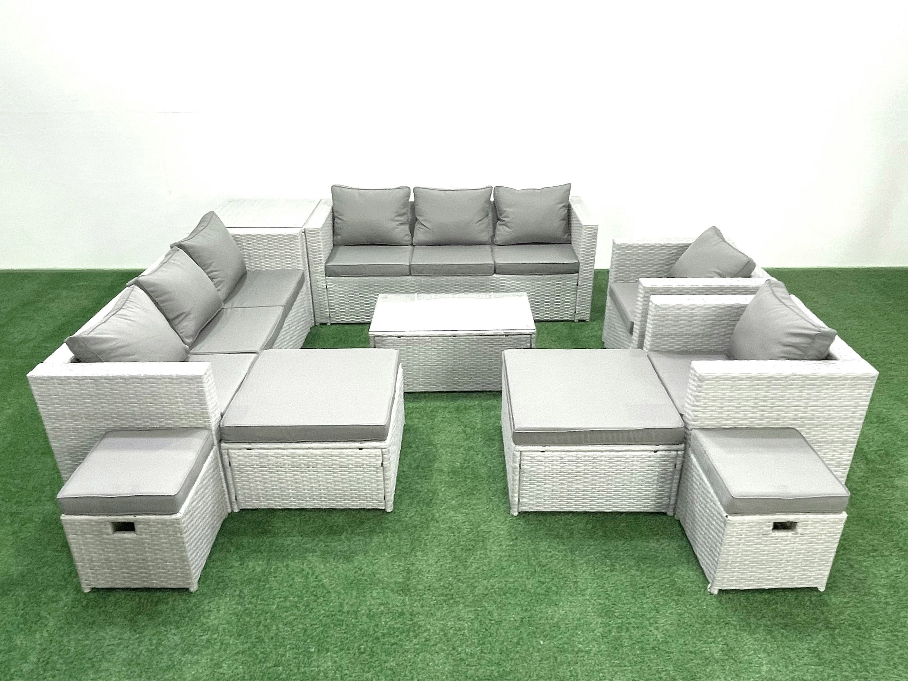 Rackhams Light/Grey 10 Pieces Rattan Garden Furniture Set Outdoor Garden Sofa Chair Coffee Table Set With 4 Footstools Side Table Mixed