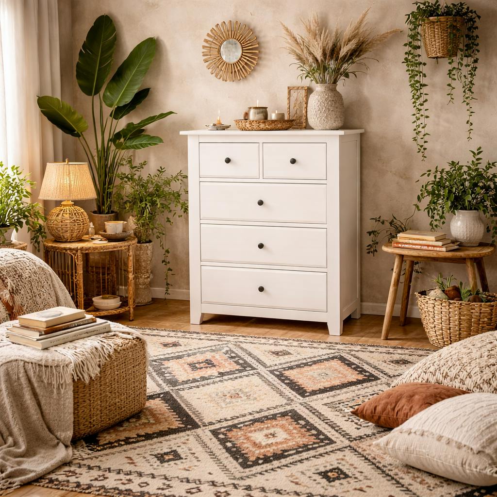 Wyld Haus White Tralee Washed Wooden 3+2 Drawer Storage Chest