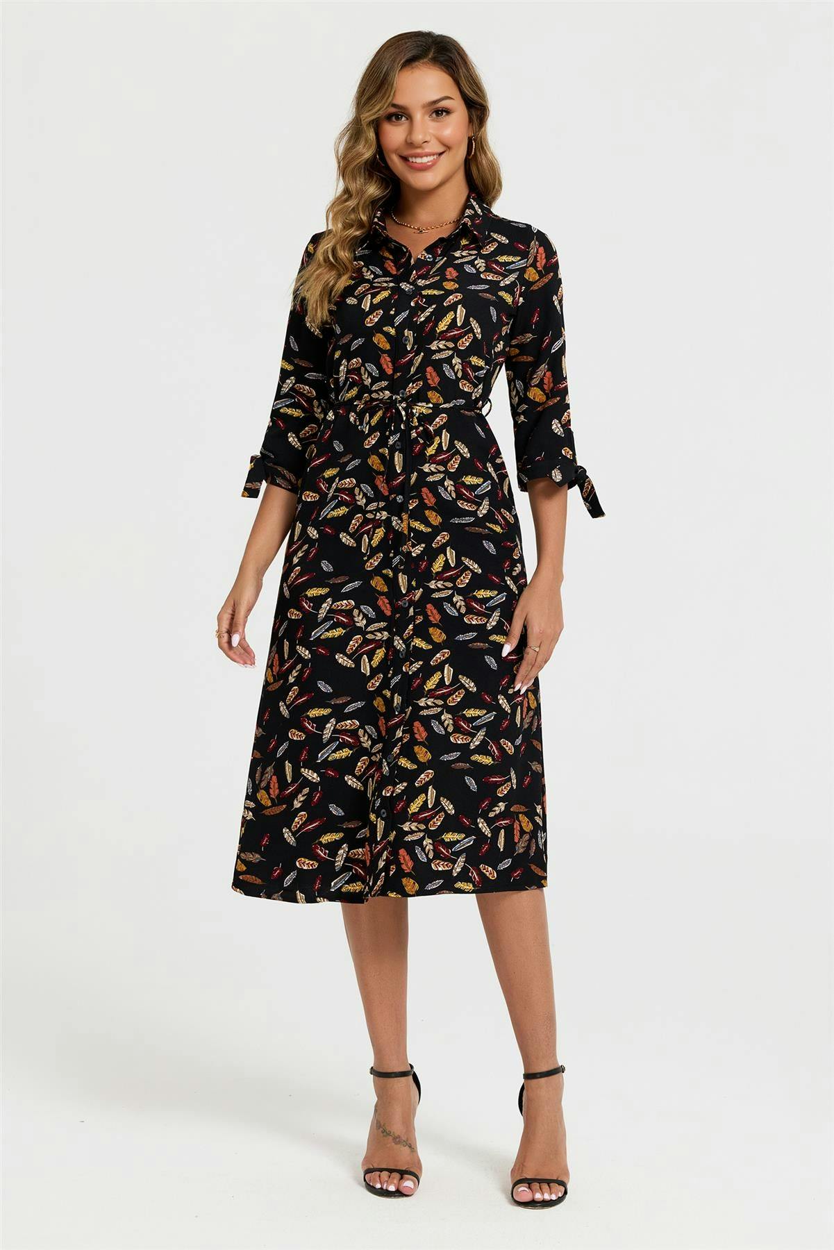 Fs Collection Black Leaf Print Tie On Sleeves Midi Shirt Dress In - Xs