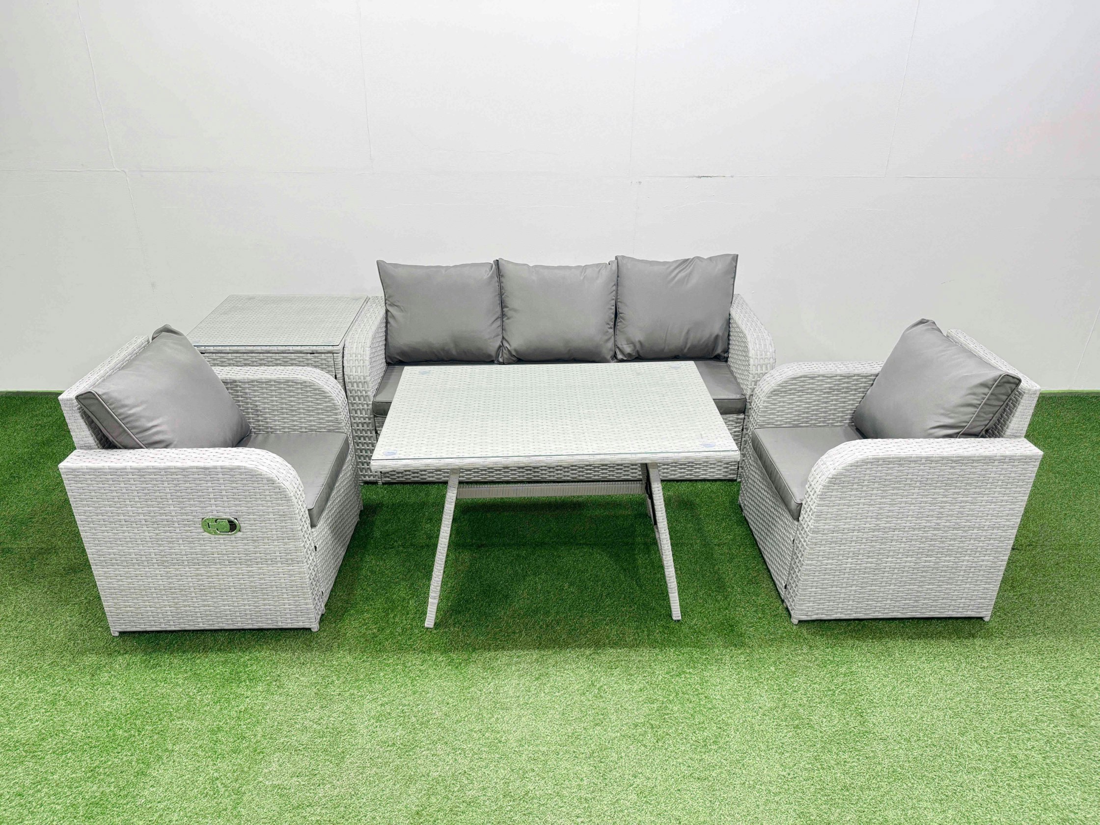 Fimous Light/Grey Reclining Chair 3 Seat Sofa Set Garden Furniture Set With Rectangular Dining Table Side Table