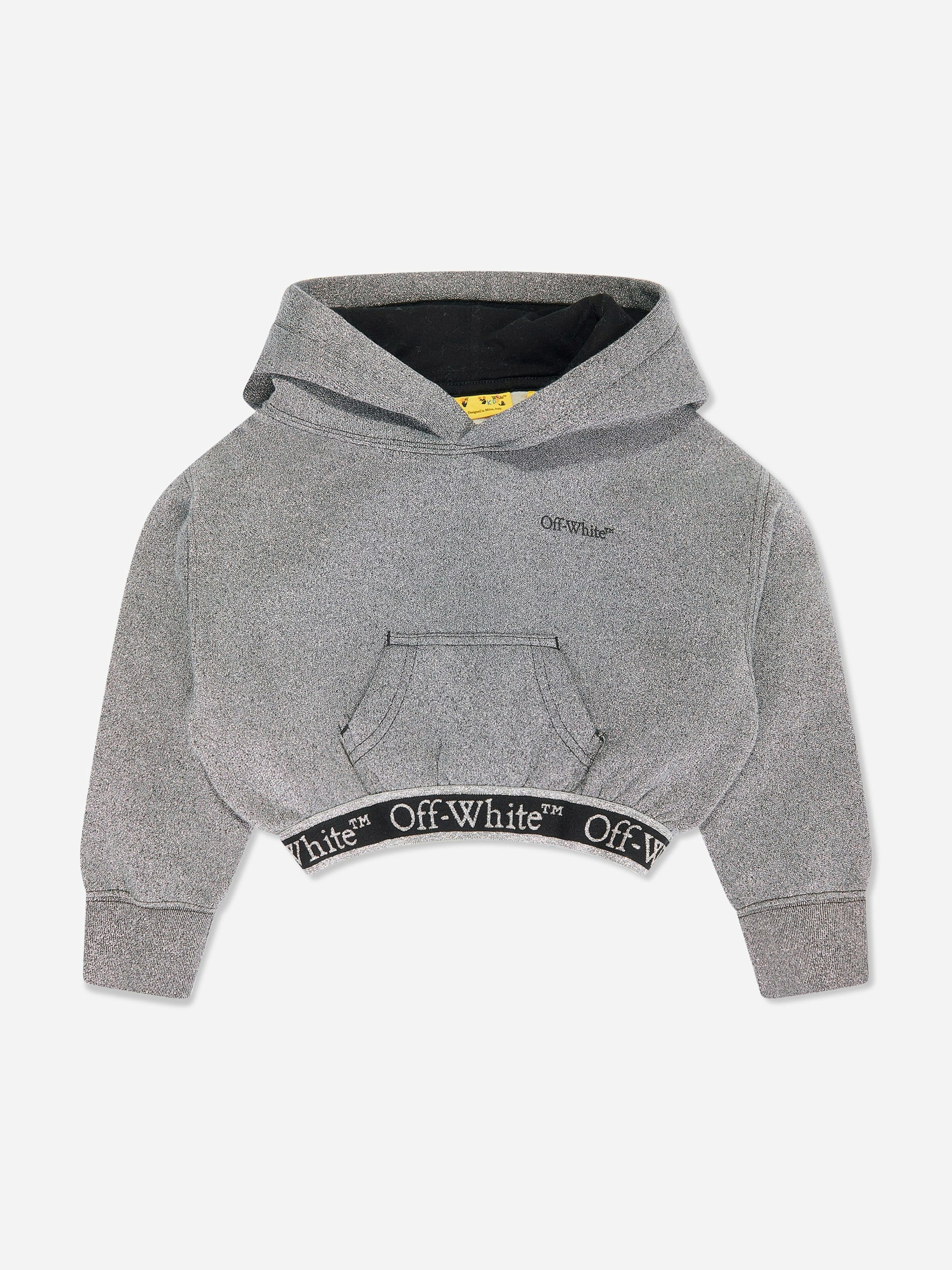Off-White Girls White/Grey Off- Bookish Logo Band Cropped Hoodie In - 8 Yrs