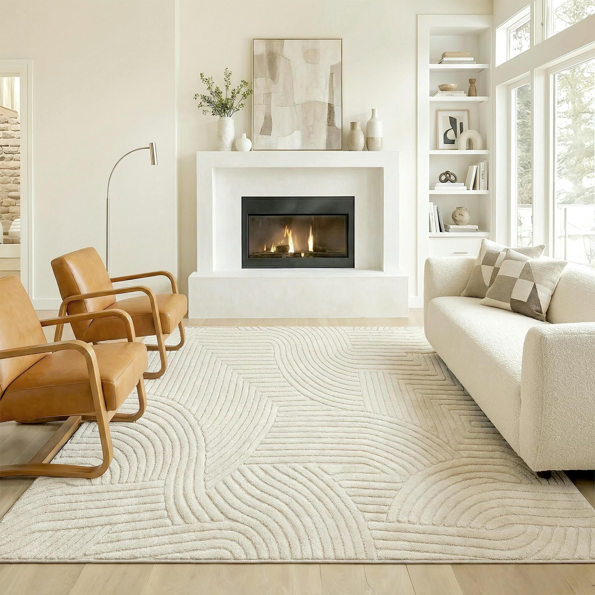 HOMCOM Modern Geometric Rug Thick Plush Non-Slip 200 x 140 cm, Cream | For Bedroom, Living Room, Office - Image 3