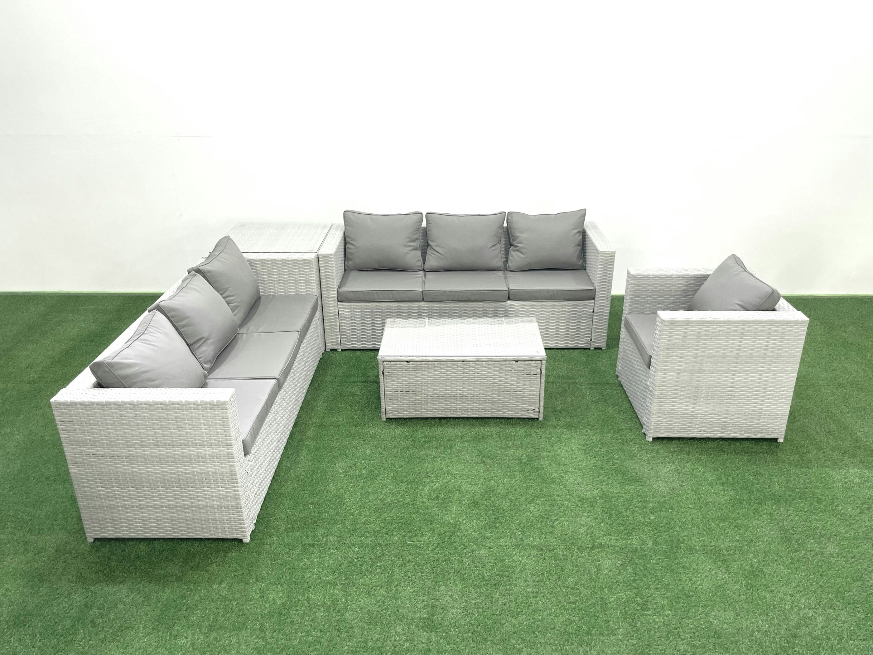 Fimous Light/Grey Wicker Pe Rattan Sofa Garden Furniture Set With Armchair Oblong Coffee Table Side Table Mixed