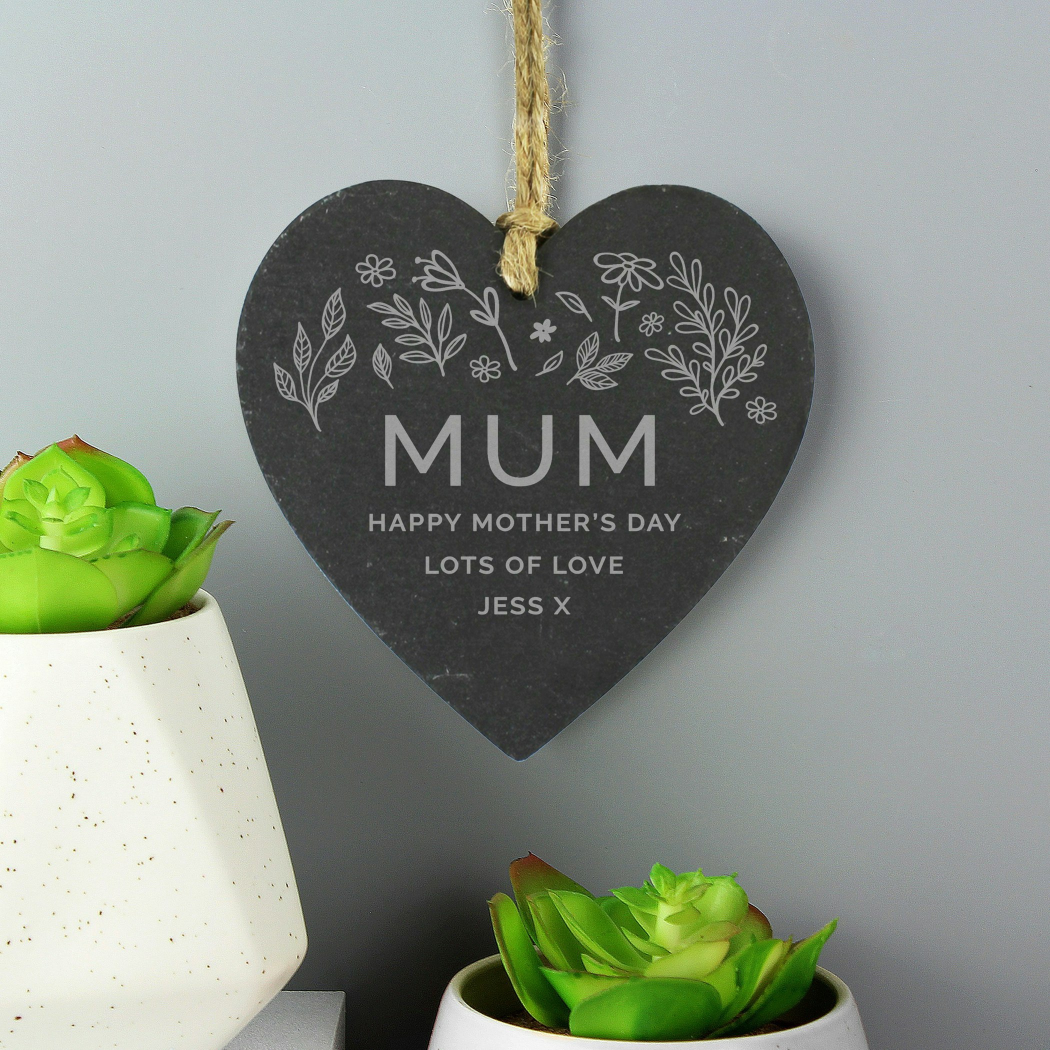 Rackhams Gold Personalised Engraved Botanical Slate Heart Decoration