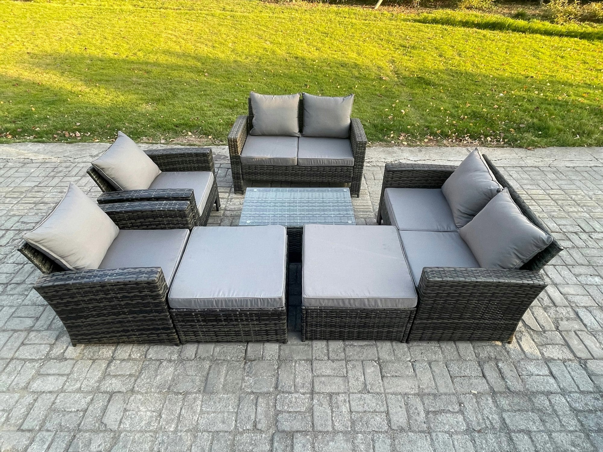 Fimous Dark/Grey Outdoor Rattan Garden Furniture Set 8 Seater Patio Lounge Sofa Set With Coffee Table 2 Big Footstool Mixed