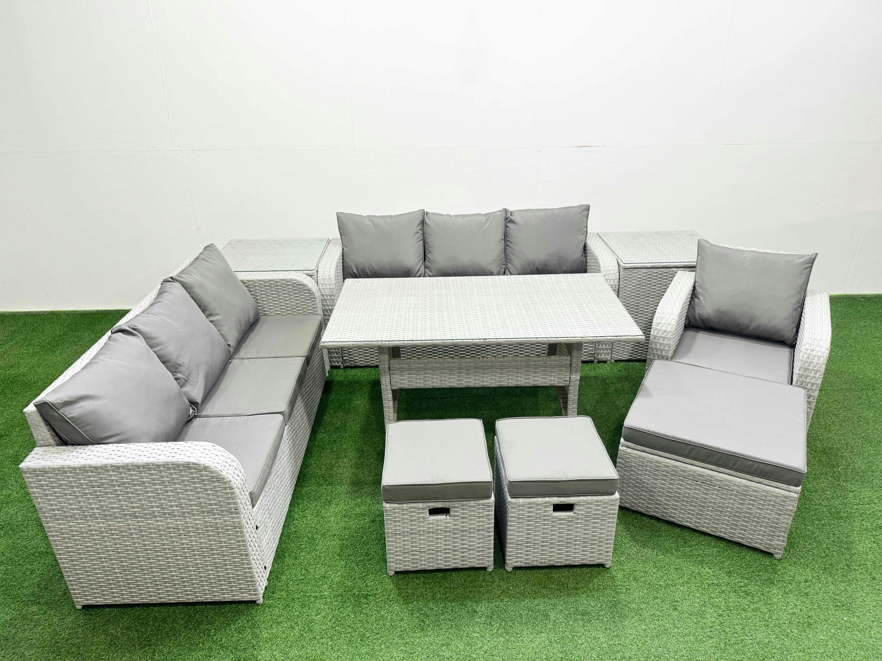 Fimous Light/Grey 10 Seater Rattan Garden Furniture Set With Dining Table, 2 Sofas, 1 Reclining Chair, 3 Footstools & 2 Side Tables