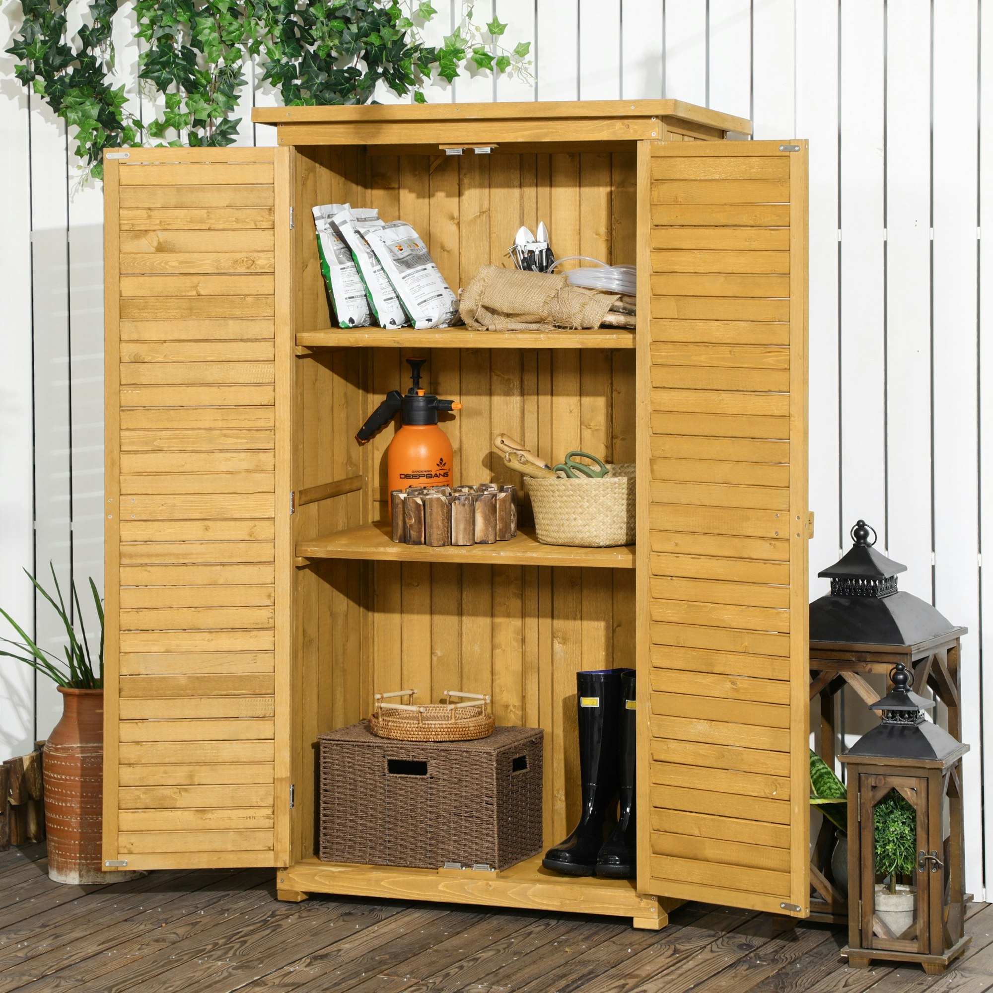 Rackhams Wooden Garden Storage Shed, 3 Shelves Tool Cabinet, Natural