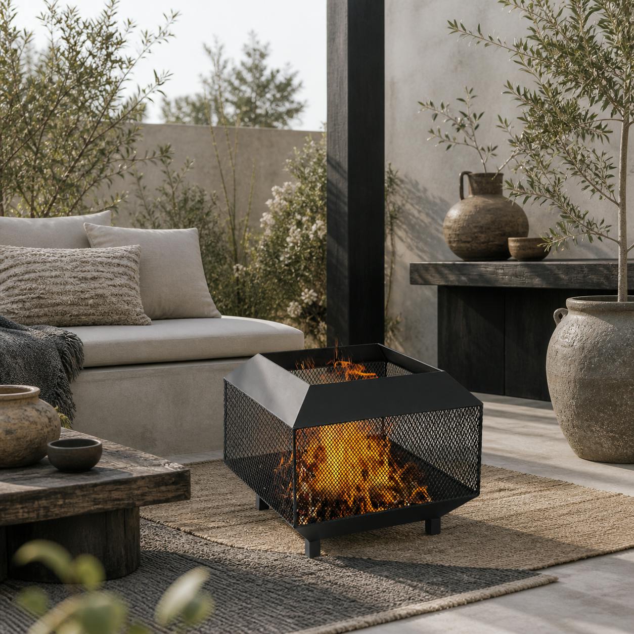 Rackhams Black Dita Steel Square Outdoor Mesh Fire Pit With Lid Log Grate