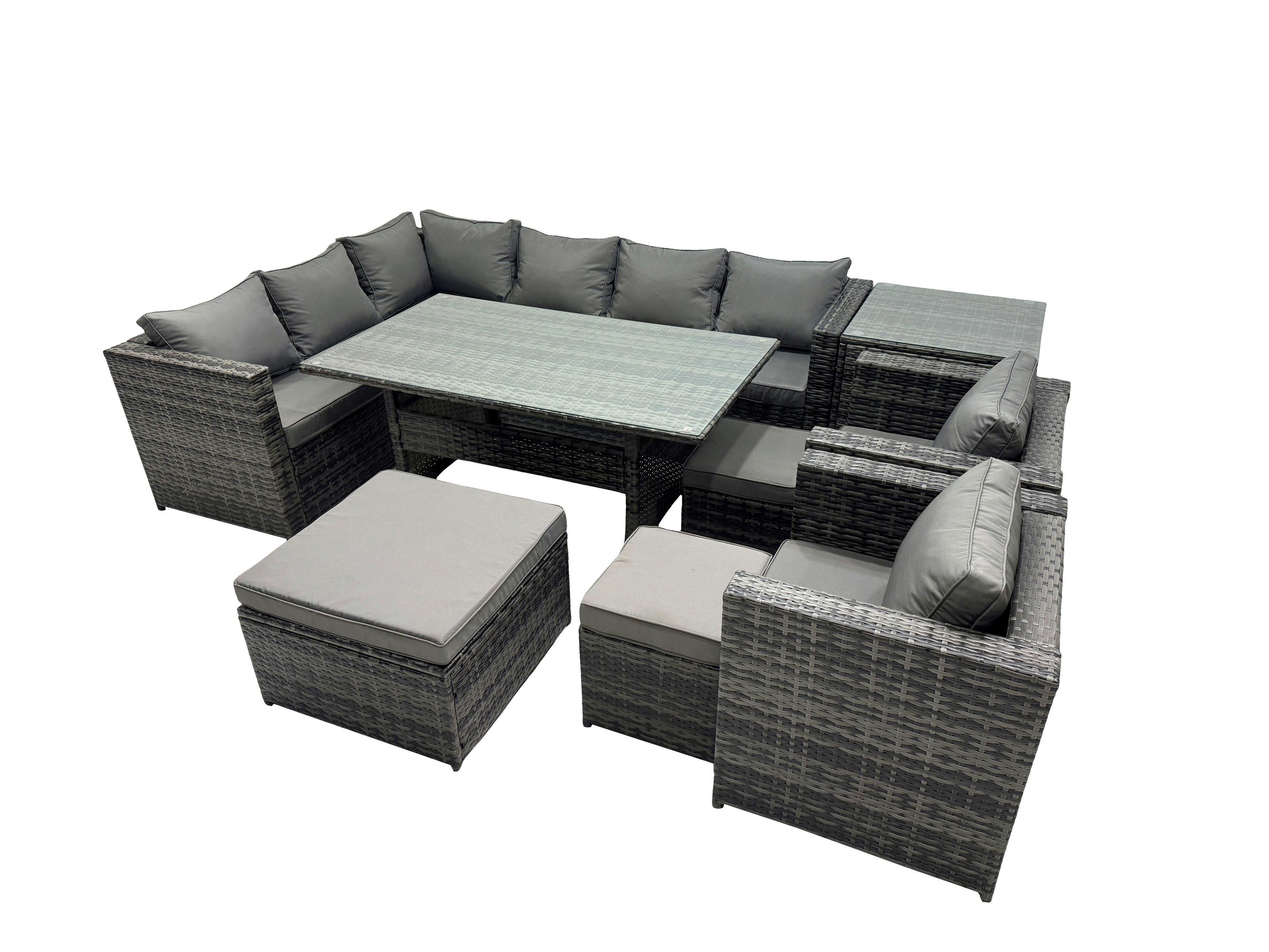 Fimous Dark/Grey Outdoor Pe Rattan Sofa Set With Dining Table Patio Garden Furniture Sets With 3 Stool Side Table Mixed