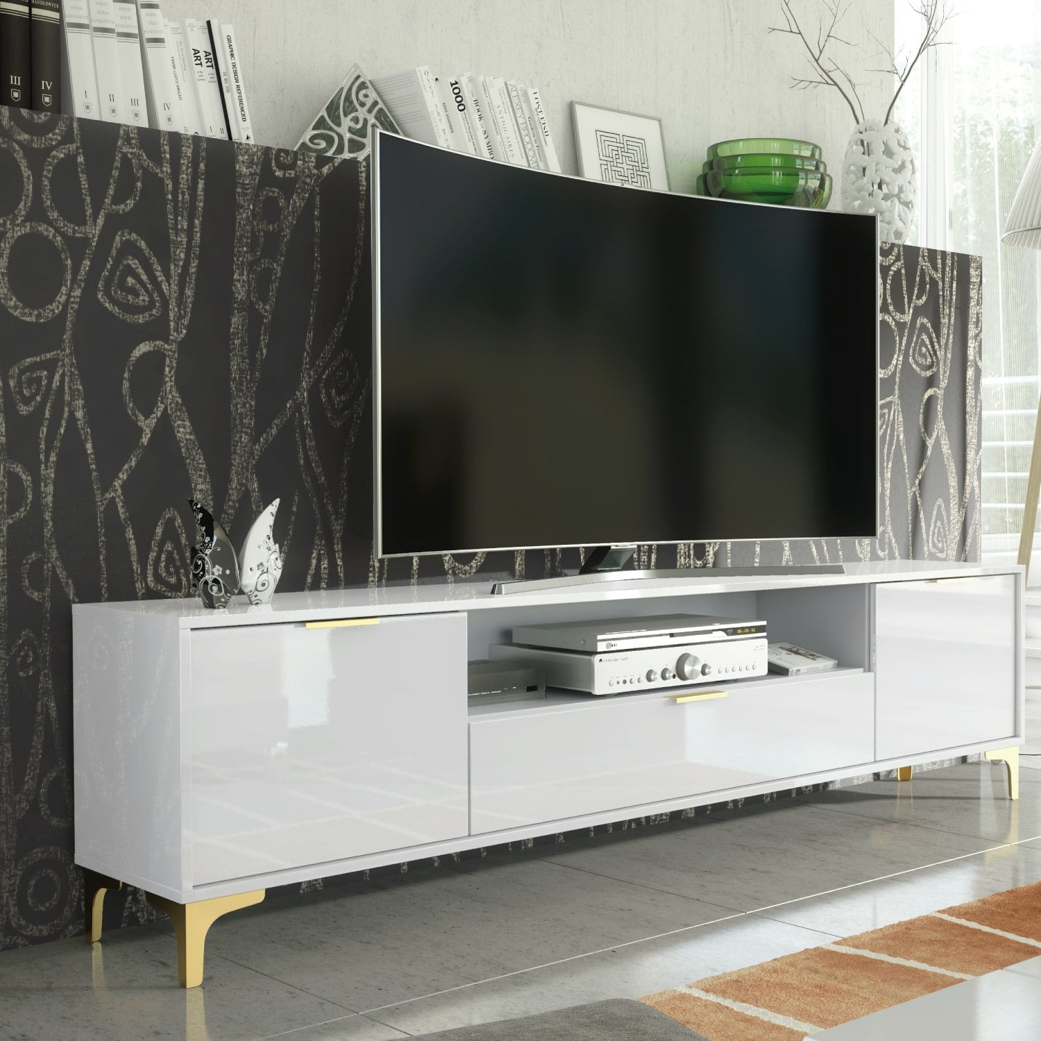Mex Furniture White/Gold Luxury 200Cm High Gloss Tv Unit With Finish Accents Sleek Stand Cabinet - 1 - Mdf/Chipboard 200 Cm
