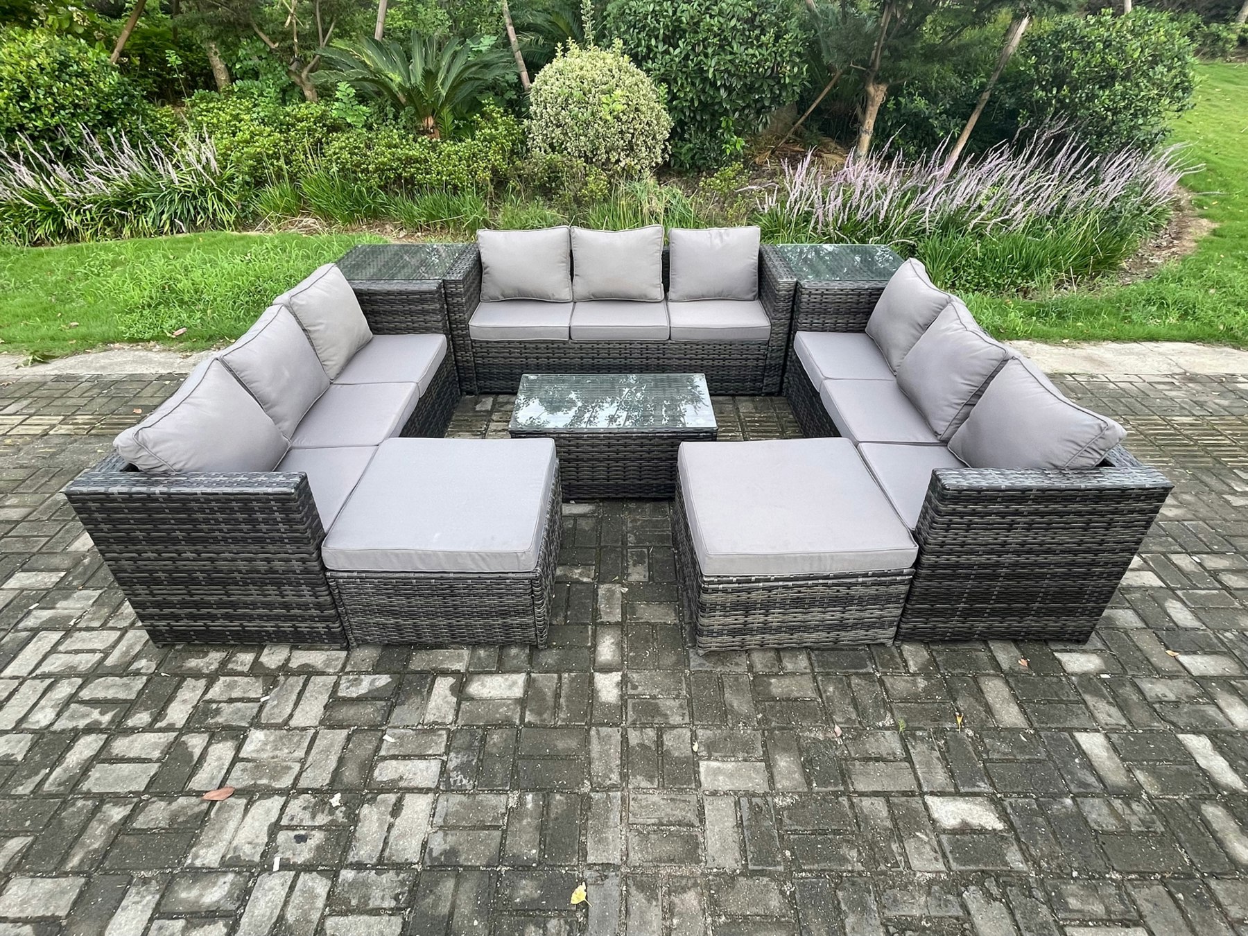 Fimous Dark/Grey Outdoor Lounge Sofa Set Wicker Pe Rattan Garden Furniture Set With Oblong Coffee Table 2 Side Tables 2 Big Footstool 11Seater Mixed