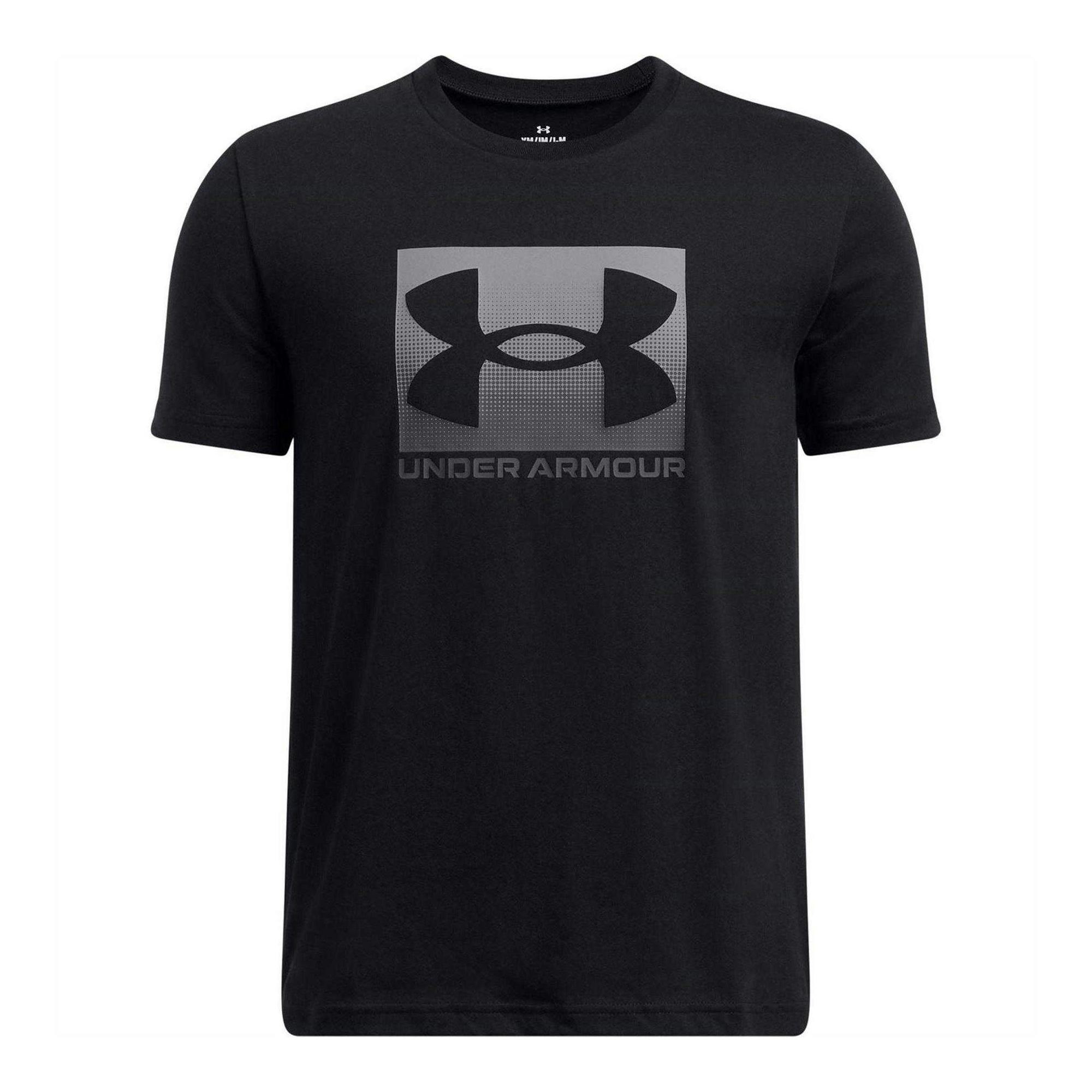 Under Armour Boys Black/Grey Boxed Logo Regular T-Shirt - 7-8 Years - 60% Cotton/40% Polyester