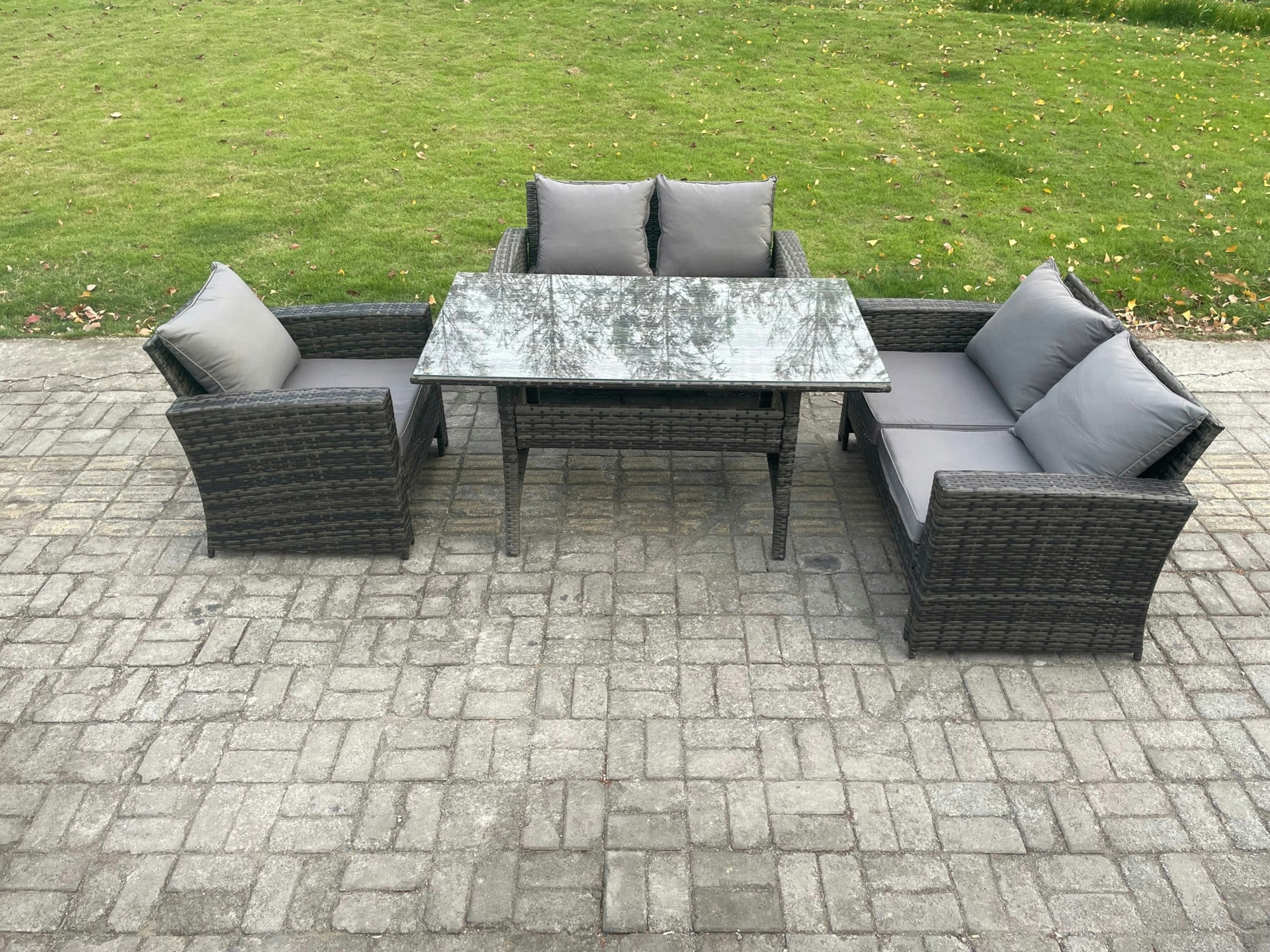 Fimous Dark/Grey 5 Seater Wicker Rattan Garden Dining Set Outdoor Furniture Sofa With Dining Table Double Seat Sofa Mixed