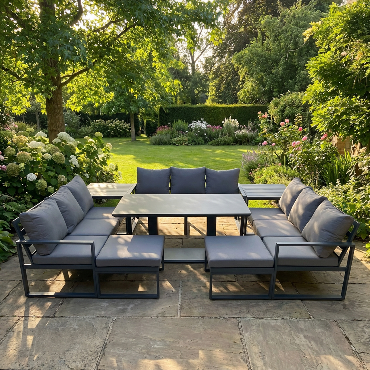 Rackhams Dark/Grey 11 Seater Garden Sofa Set Aluminium Furniture Rising Dining Tabe Set With 2 Side Tables 2 Big Footstools