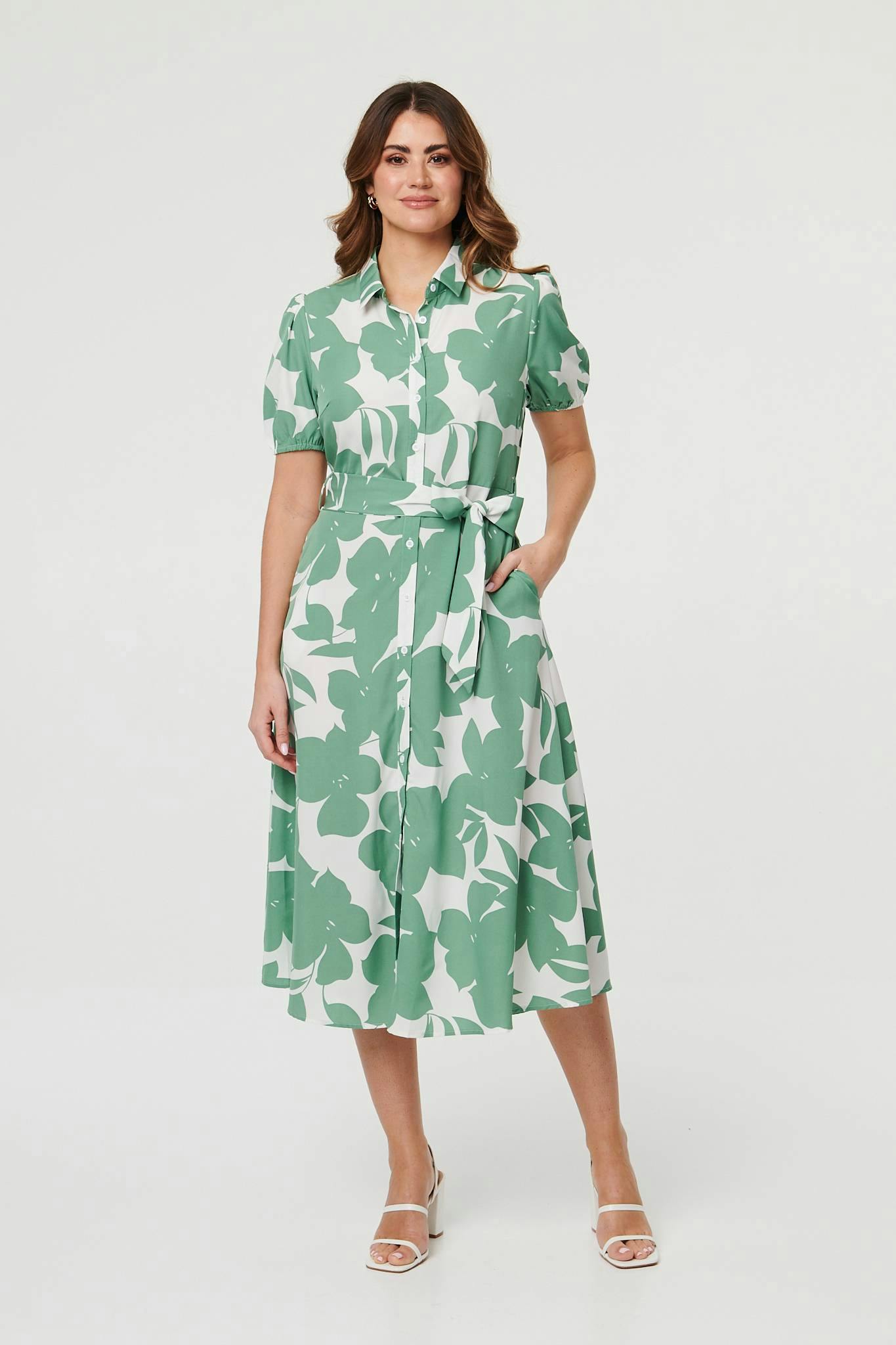 Izabel London Abstract Floral Tie Waist Midi Dress - 14 - Sage