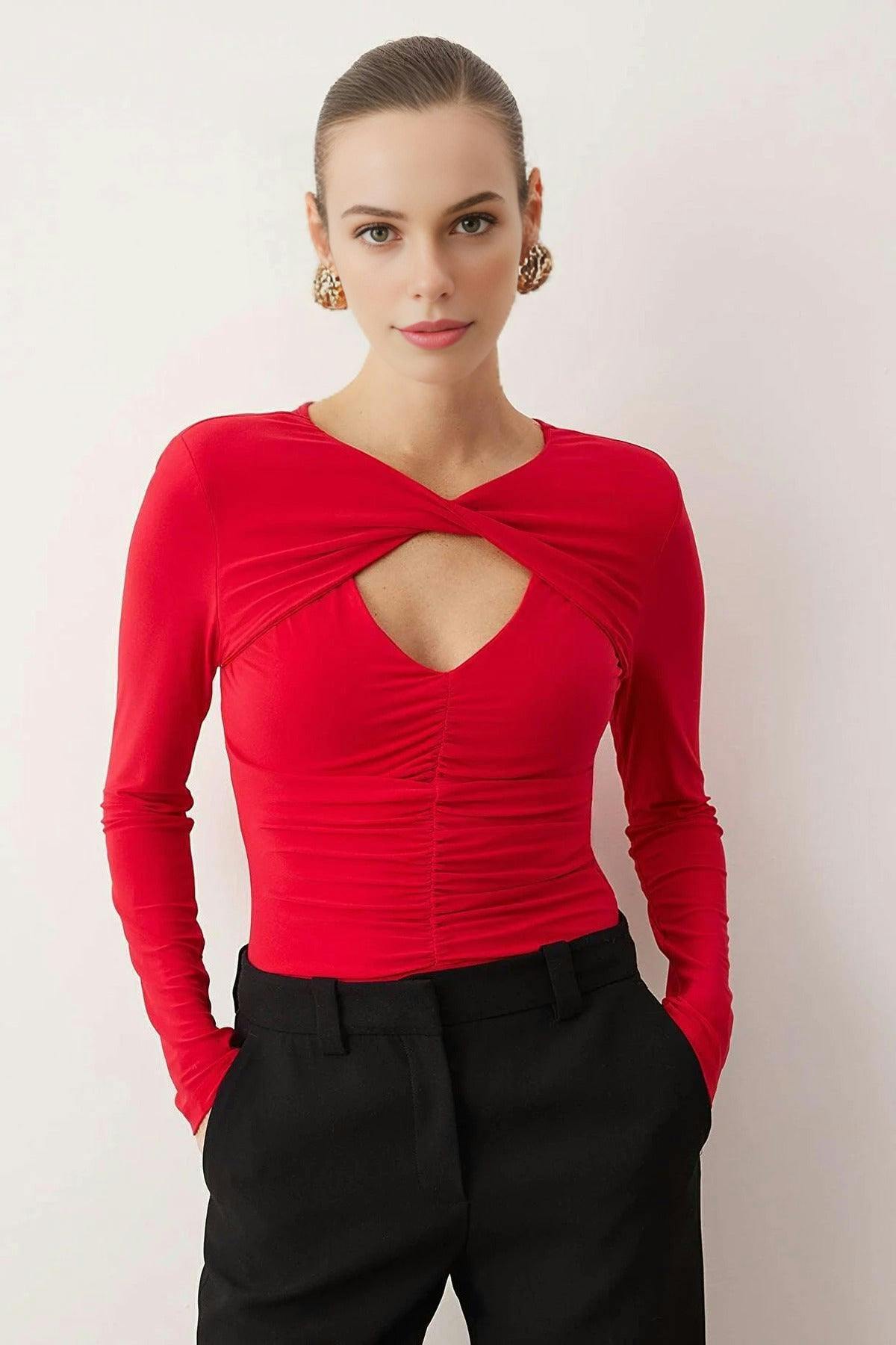 Wovcor Red Knit Bodysuit With Cut-Out Detail - 6