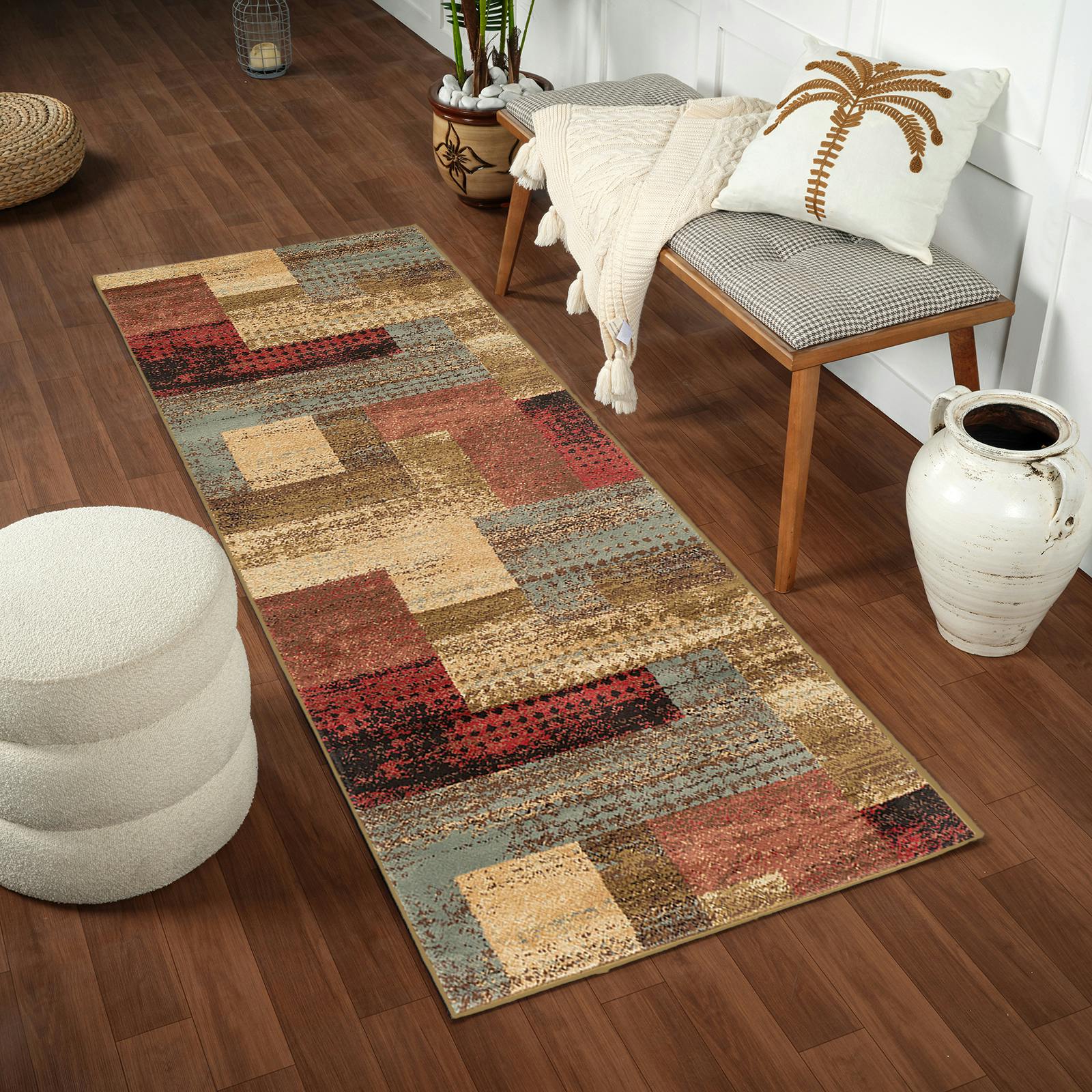 Photos - Area Rug Rackhams Riley-Modern Red Brown Grey Graphic Rug - 80 x 220 cm