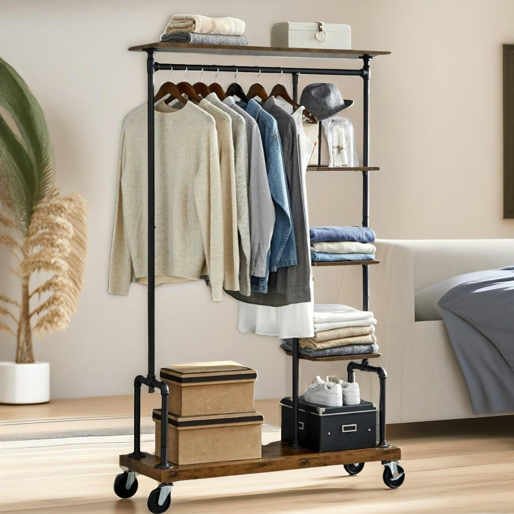 Rafaelo Mobilia Brown Industrial Open Wardrobe On Wheels Rustic