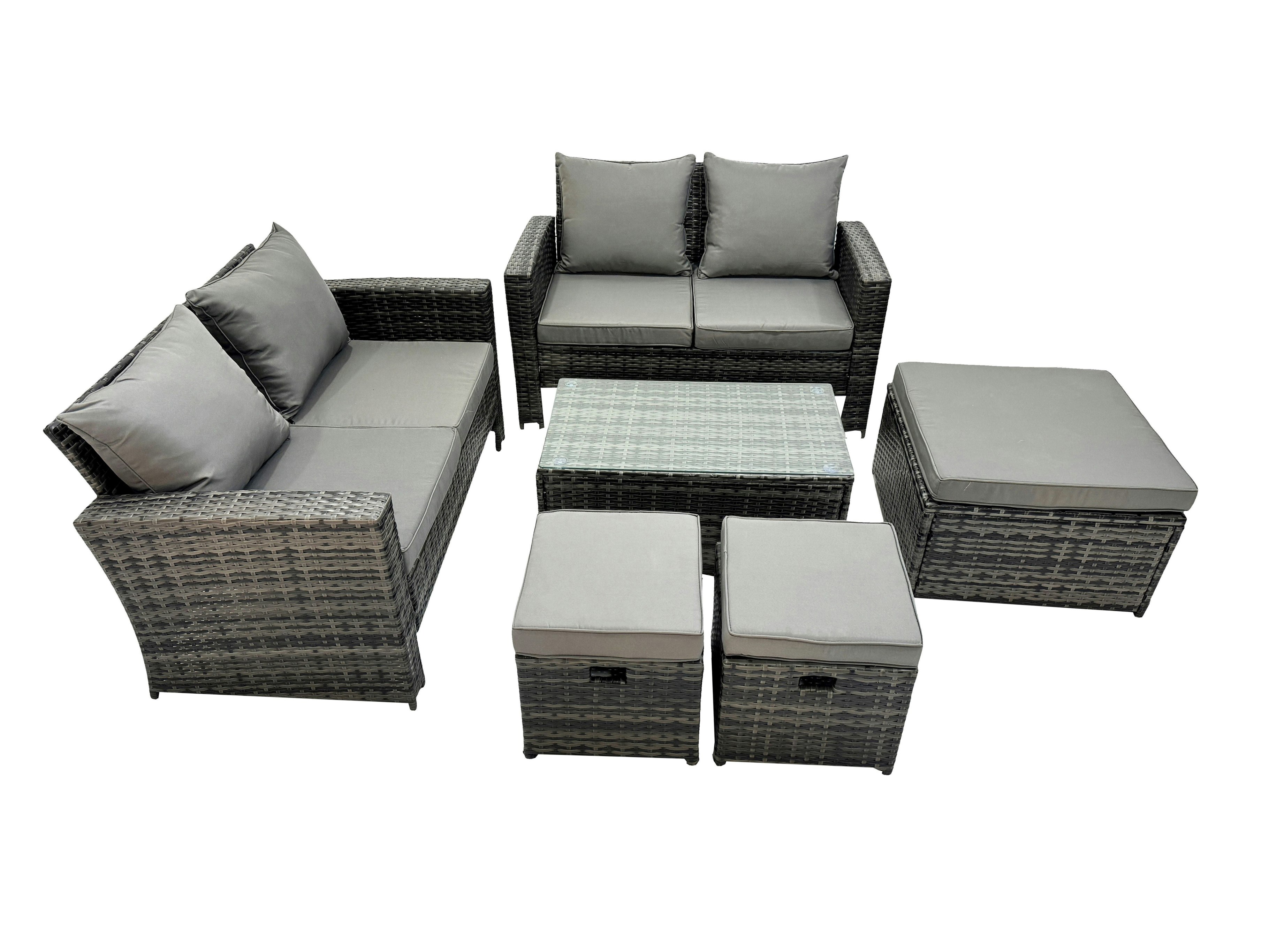 Rackhams Dark/Grey Pe Rattan Garden Furniture Set Lounge Double Seat Sofa Coffee Table Set With 3 Stools Mixedmixed