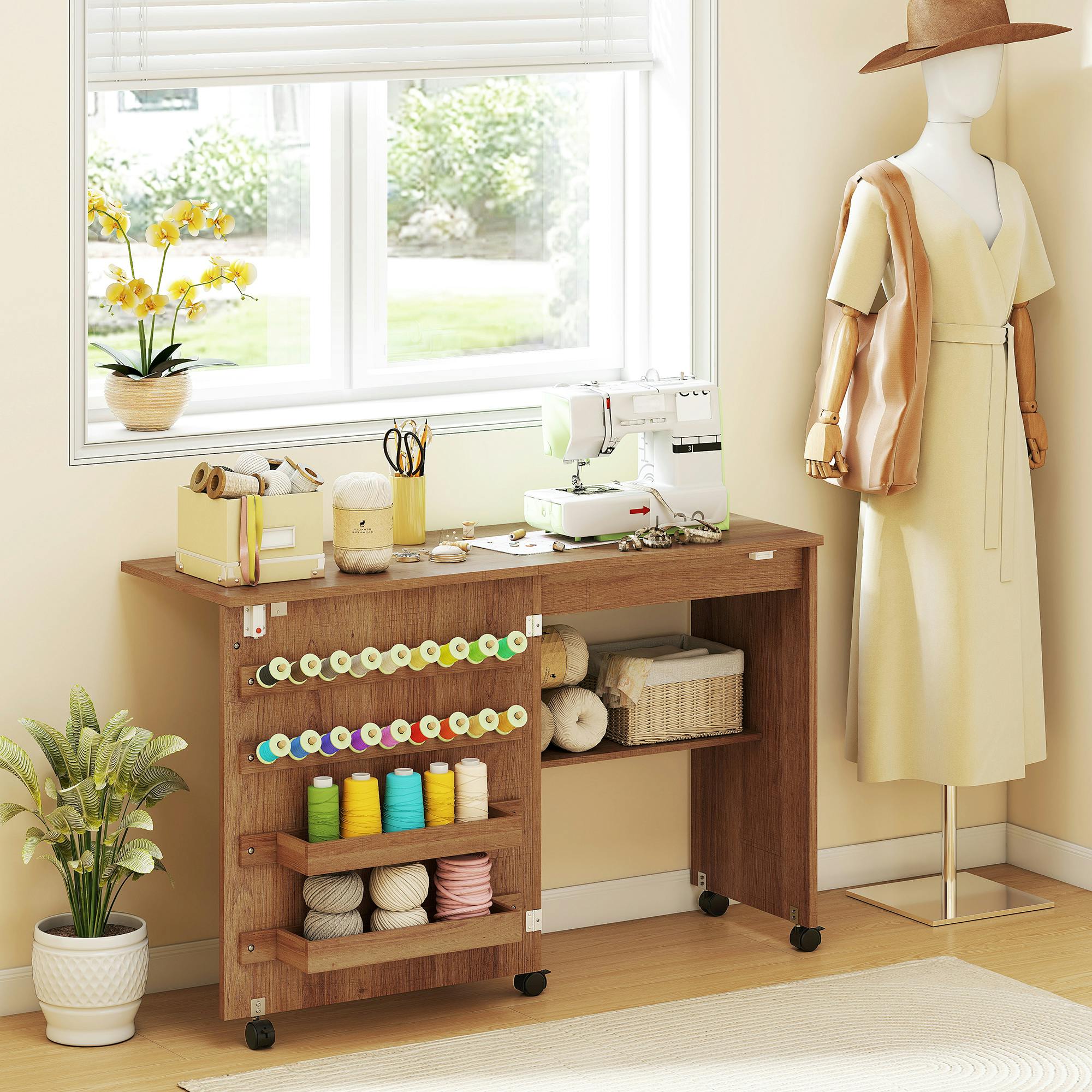 Homcom Brown Folding Sewing Table, Craft Table With Storage Compartments