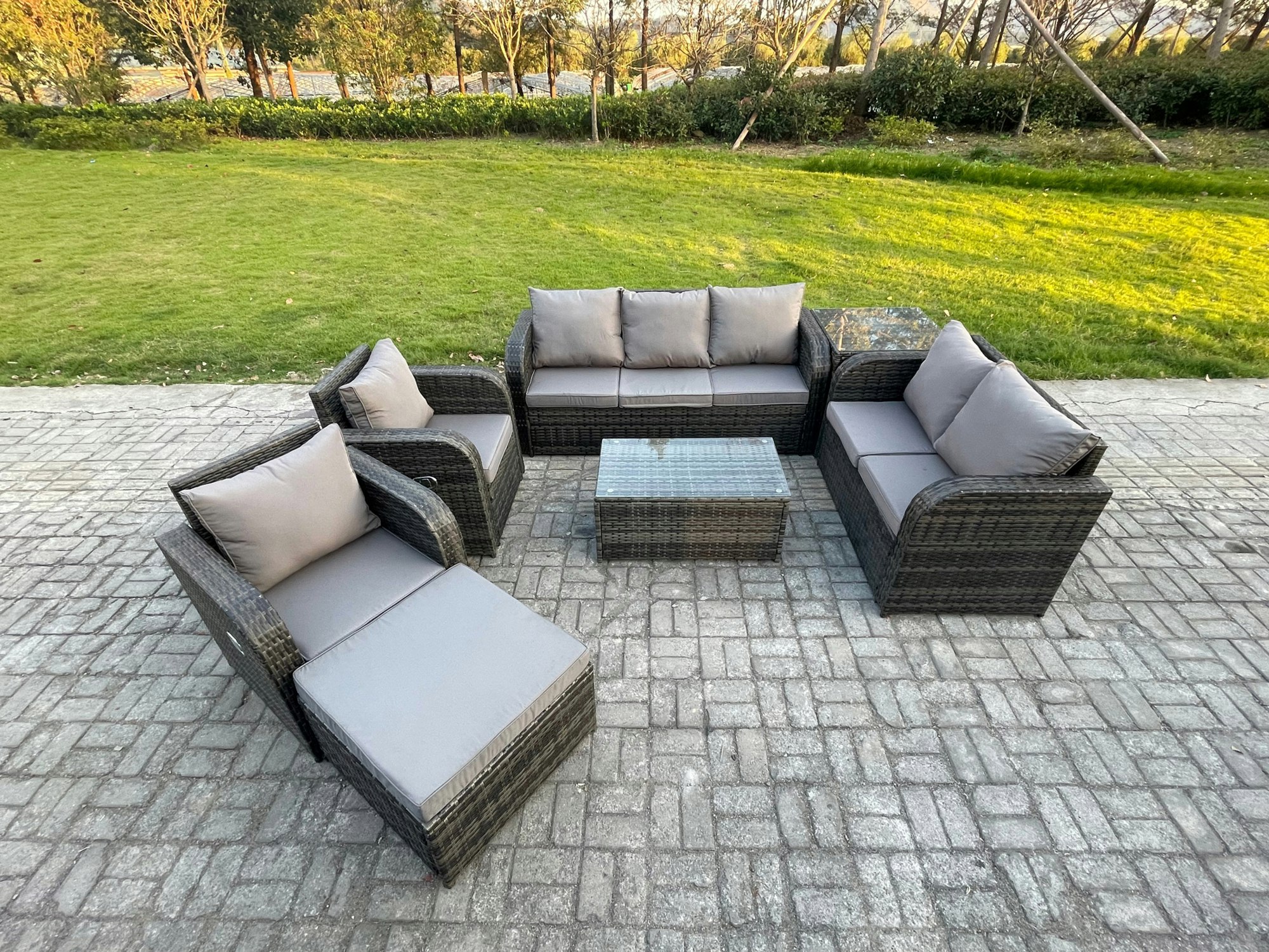 Fimous Dark/Grey 8 Seater Rattan Conservatory Sofa Set - Rectangular Coffee Table, 3-Seater Sofa, Loveseat & Footstool