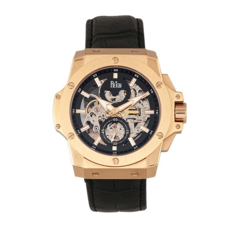 Reign Men's Gold/Black Commodus Automatic Skeleton Watch - Leather Band Rose