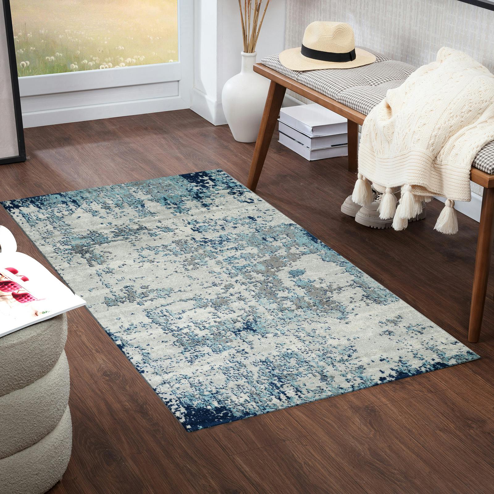 Photos - Area Rug Rackhams Sunderland-Abstract Blue Grey Modern Marble Rug - 80 x 150 cm