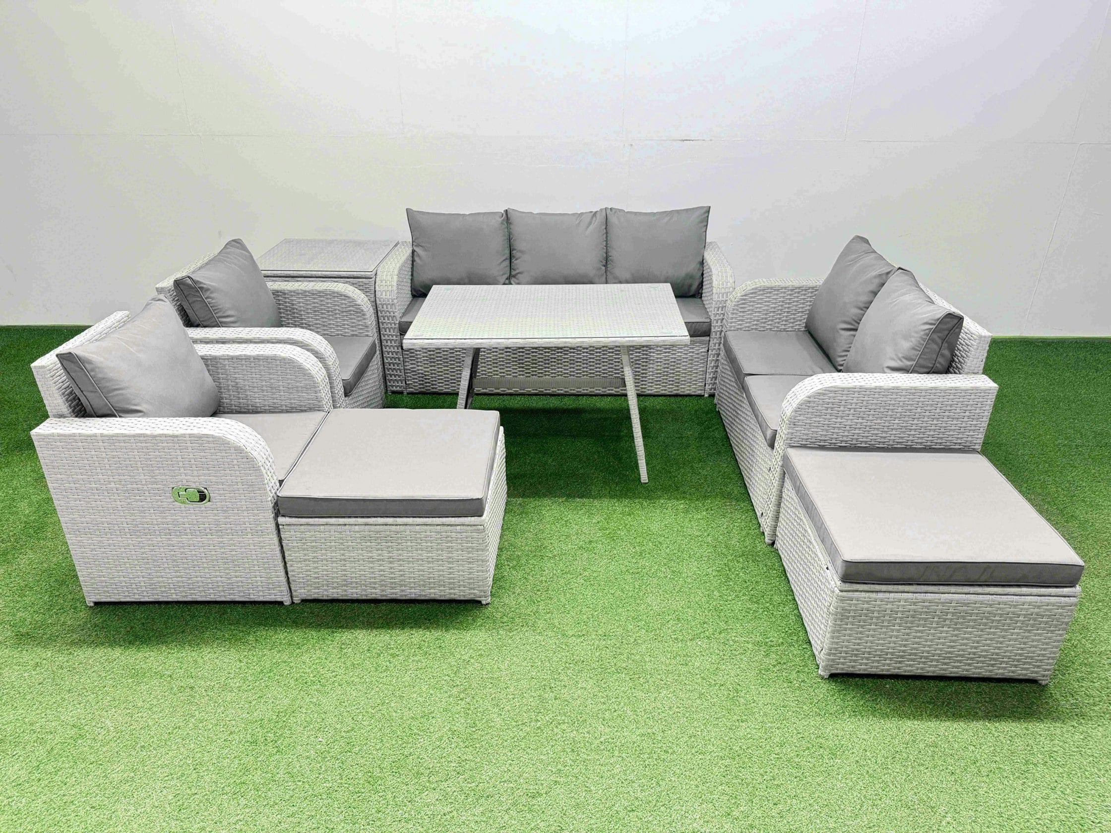 Fimous Light/Grey Pe Rattan Garden Furniture Set Outdoor Rectangular Dining Table Sofa Set With Reclining Chair 2 Big Stool Side Table