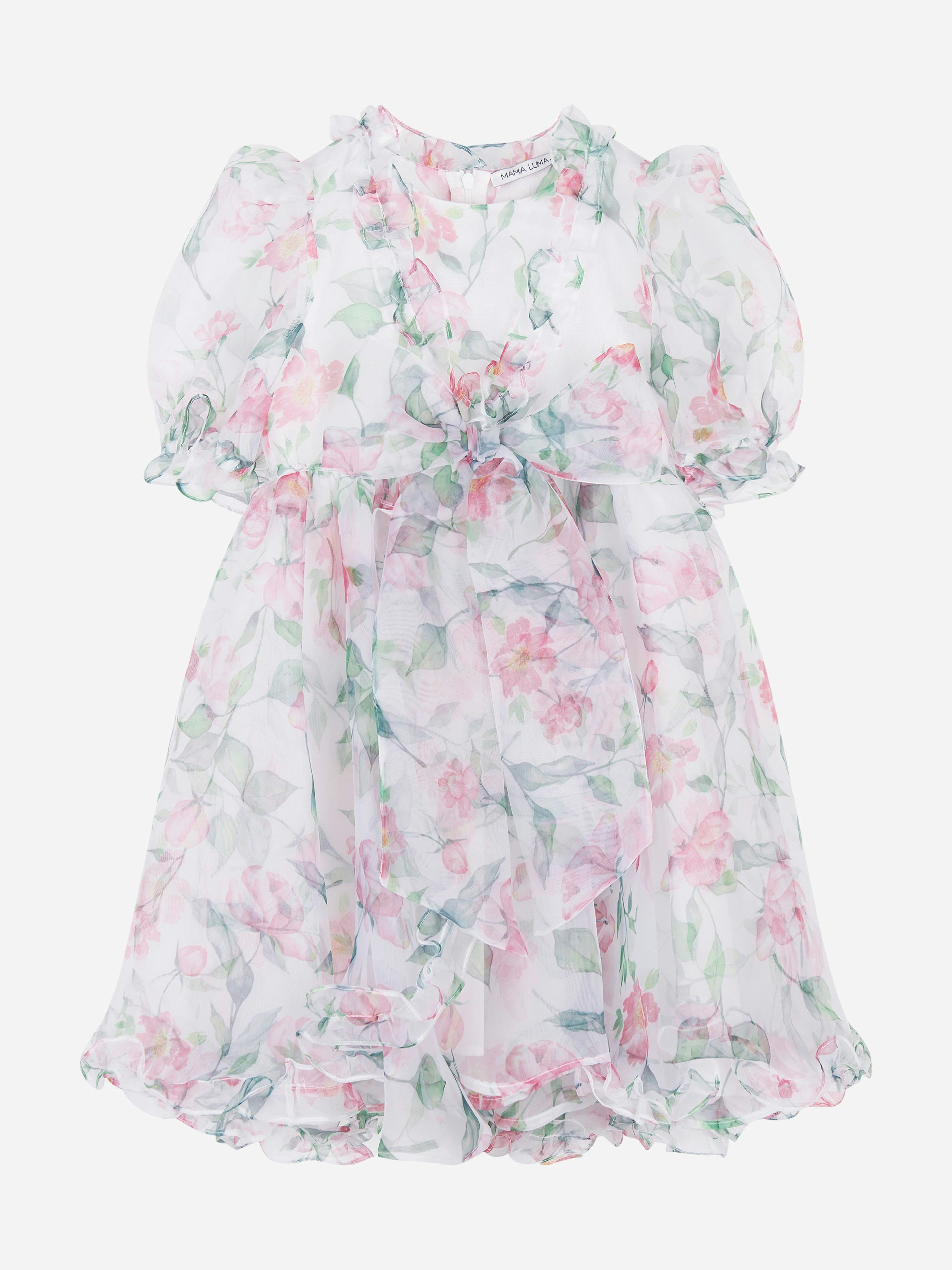 Mama Luma Girls White Organza Ruffle Rose Dress In - 3 - 4 Yrs